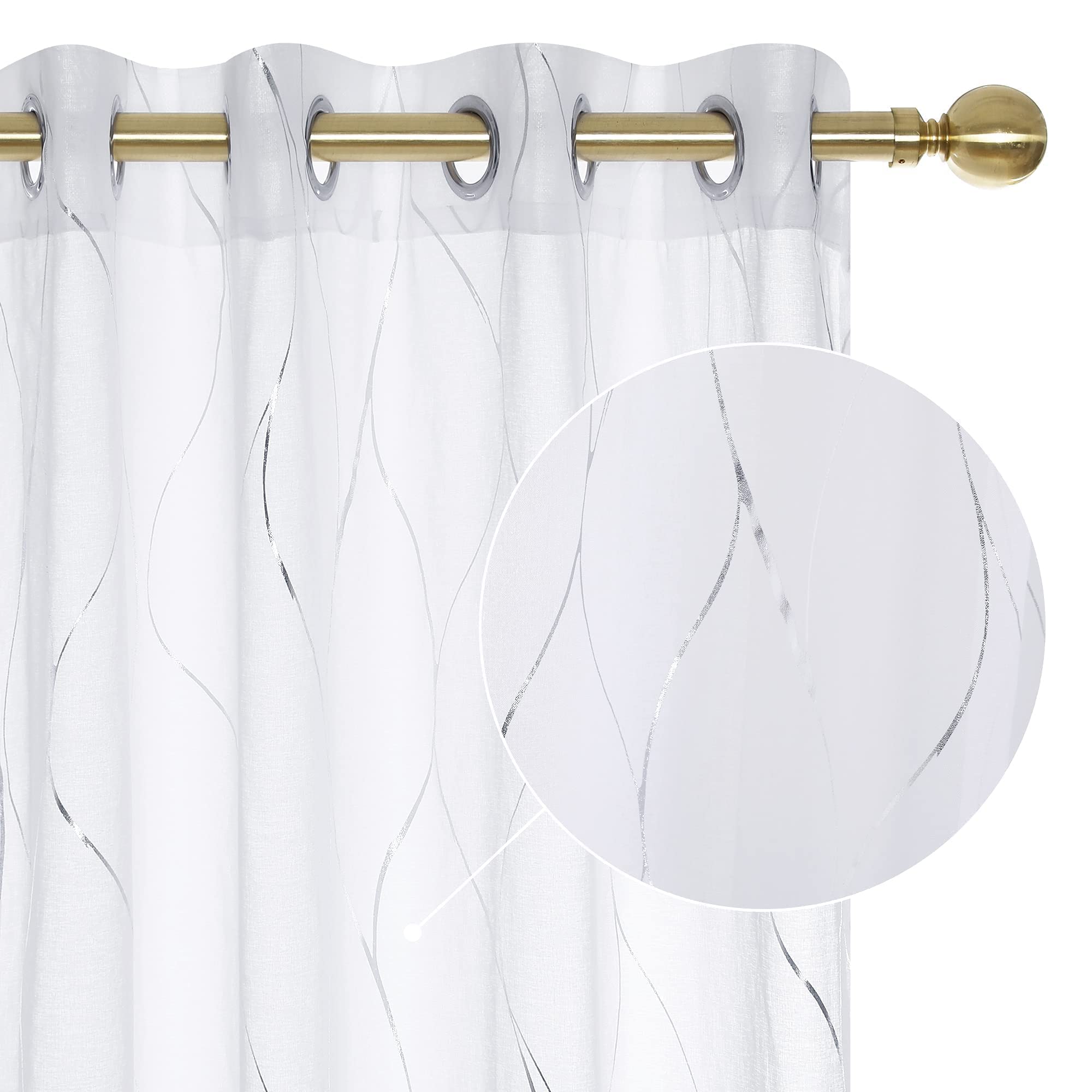 Deconovo White Sheer Curtains - Grommet Silver Foil Printed, Wave Pattern and Linen Look Voile Drapes, 52W x 84L in, 2 Panels