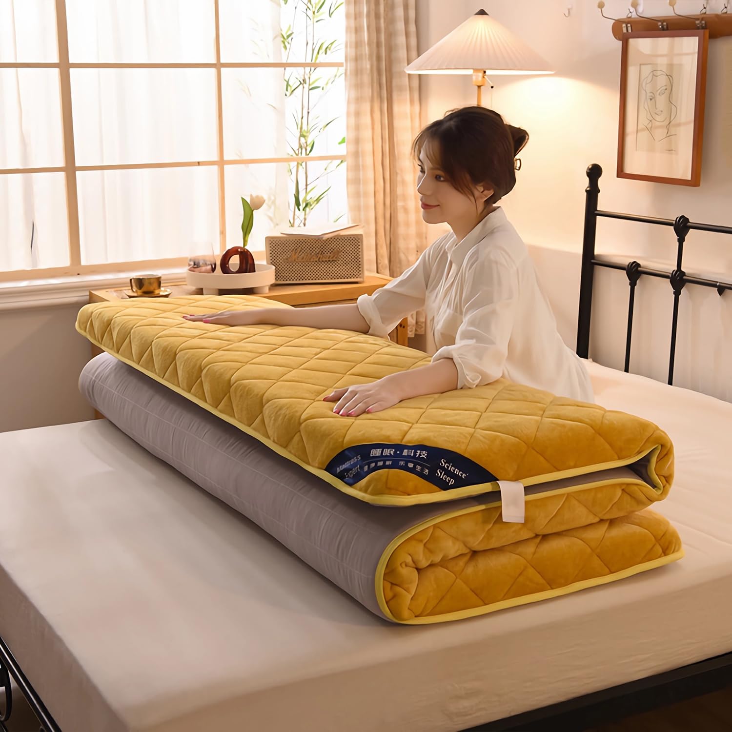 Futon Bed Mattress,Quilted Mattress Topper Pad,Japanese Foldable Floor Mattress,Korean Roll Up Sleeping Pads,Cotton Floor Bed Tatami Mat,Shikibuton,Yellow,100x200cm/39x79in