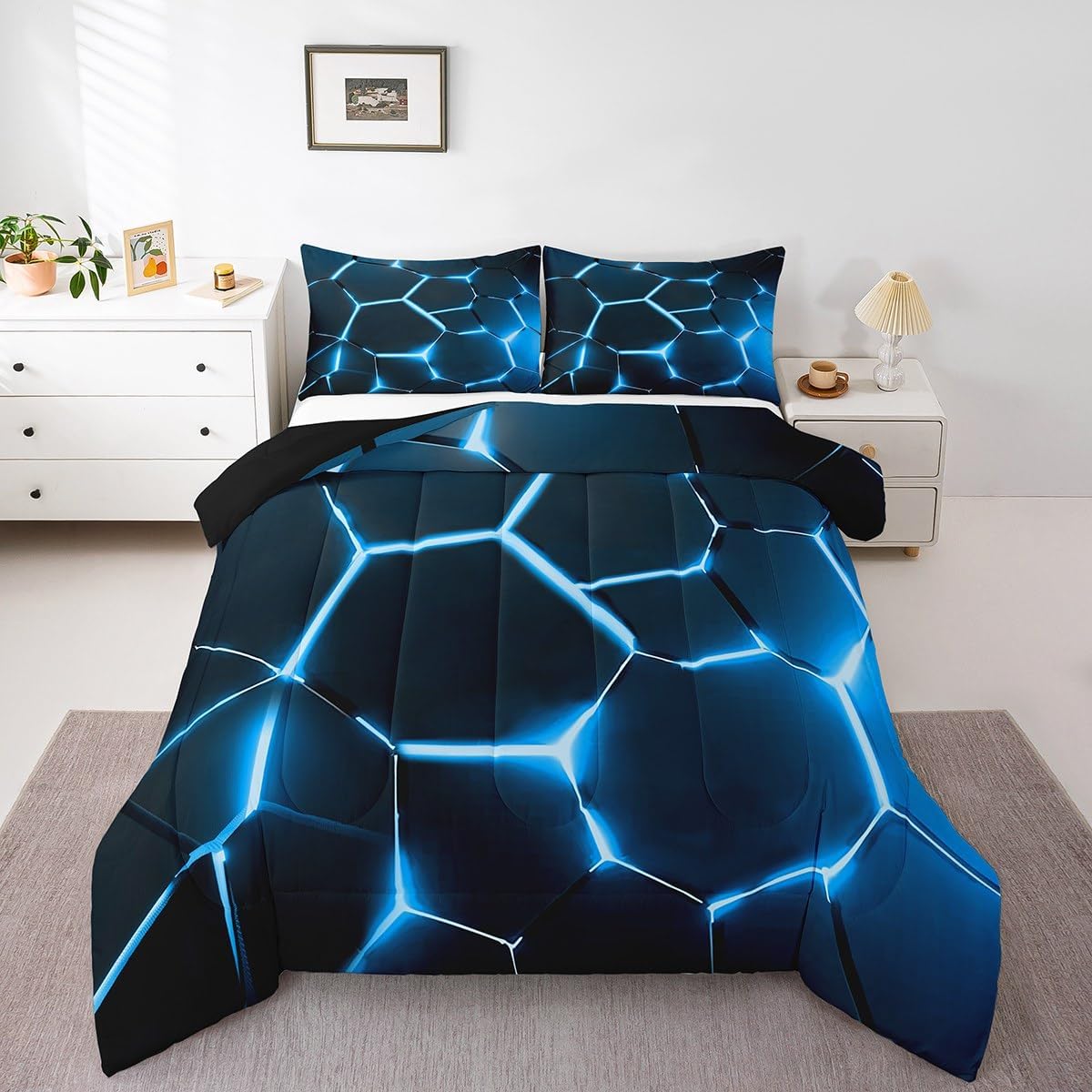 Feelyou Honeycomb Comforter Set Black Hexagonal Pattern Bedding Set Beehive Geometrical Comforter for Children Kids Boys Girls Microfiber Reticulated Plaid Duvet Set Room Decor Quilt Set Queen Size
