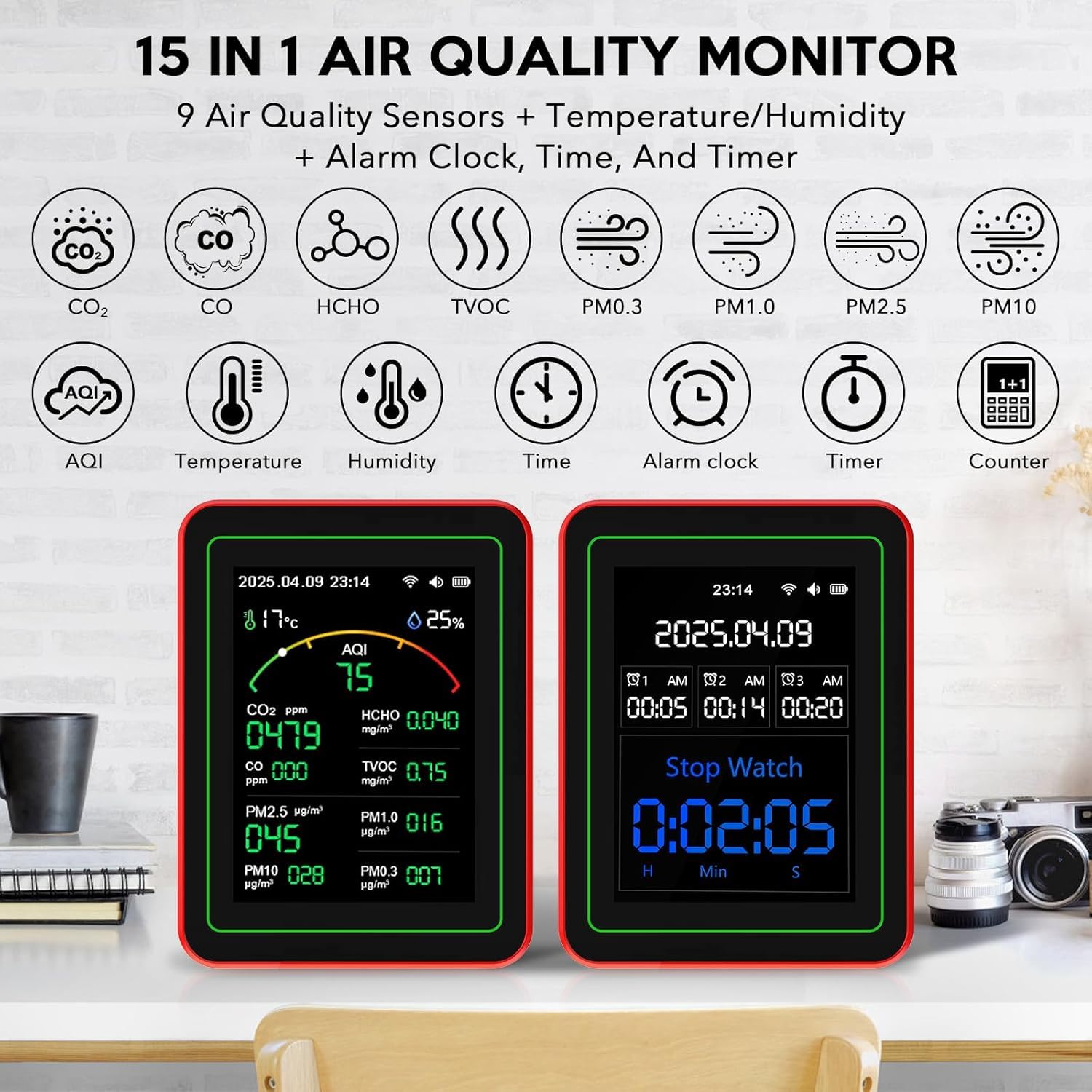 Interior Air Quality Monitor 18 en 1, Probador Profesional de Calidad del Aire con CO2 / TVOC/HCHO / PM2.5 / PM10 Detector de Detección de Húmedo Temp, CO2 Air Quality CO2