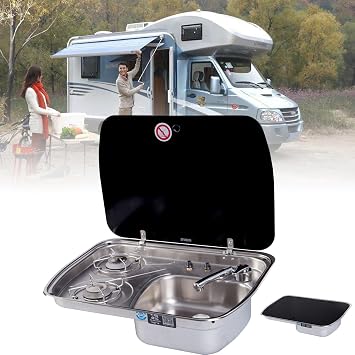 Rv Gas Stove - Glass Cover + 2 Burner Gas + Stainless Steel Sink Combo, Only Use LPG Gas, for Outdoor Camp Motorhome Caravan Camper Rv Kitchen