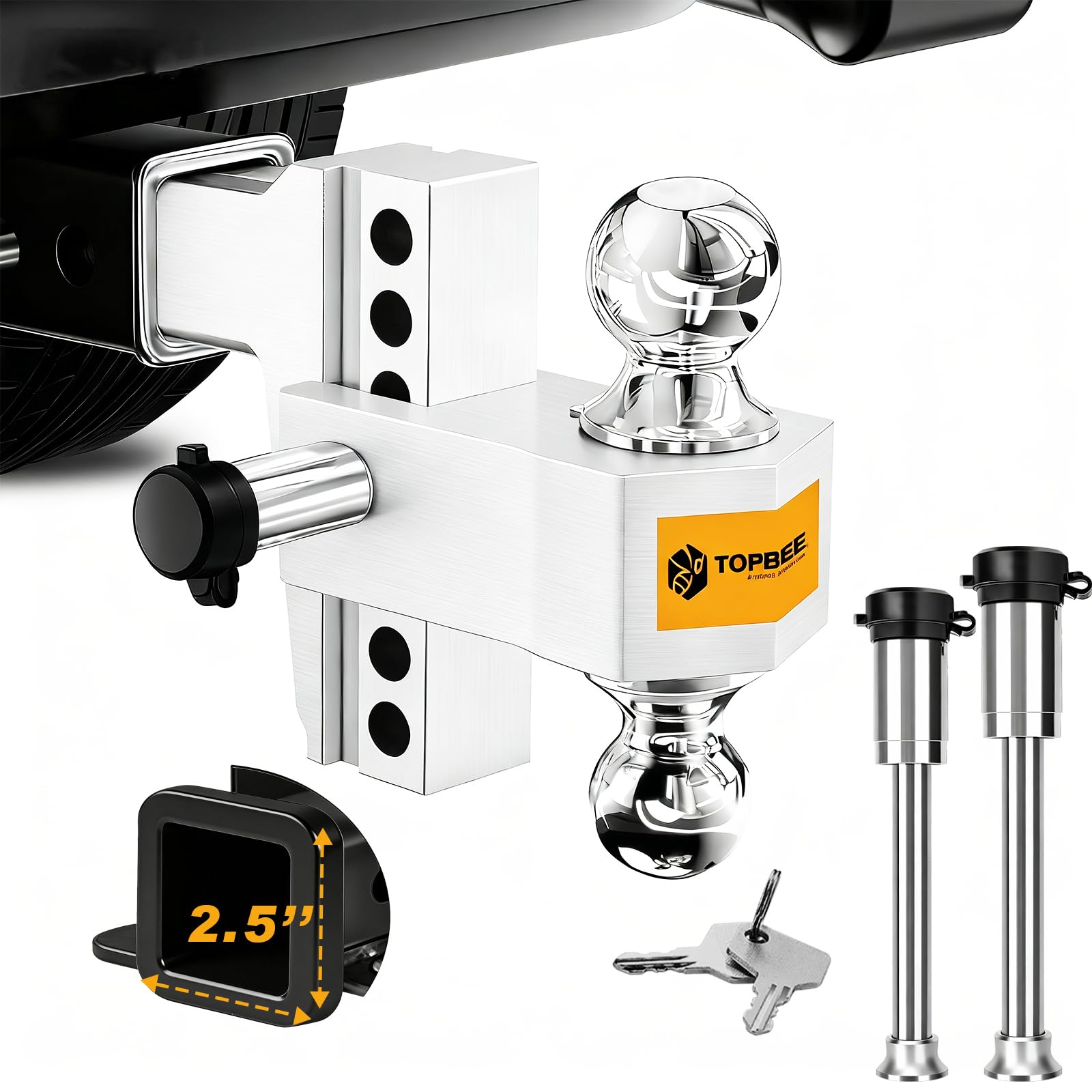 TOPBEE Adjustable Trailer Hitch, Drop Hitch, Tow Hitch Fits 2.5-inch Receiver, 6-inch Drop, 2 and 2-5/16 inch Balls, 18,500 LB,Solid Tube Hitch with