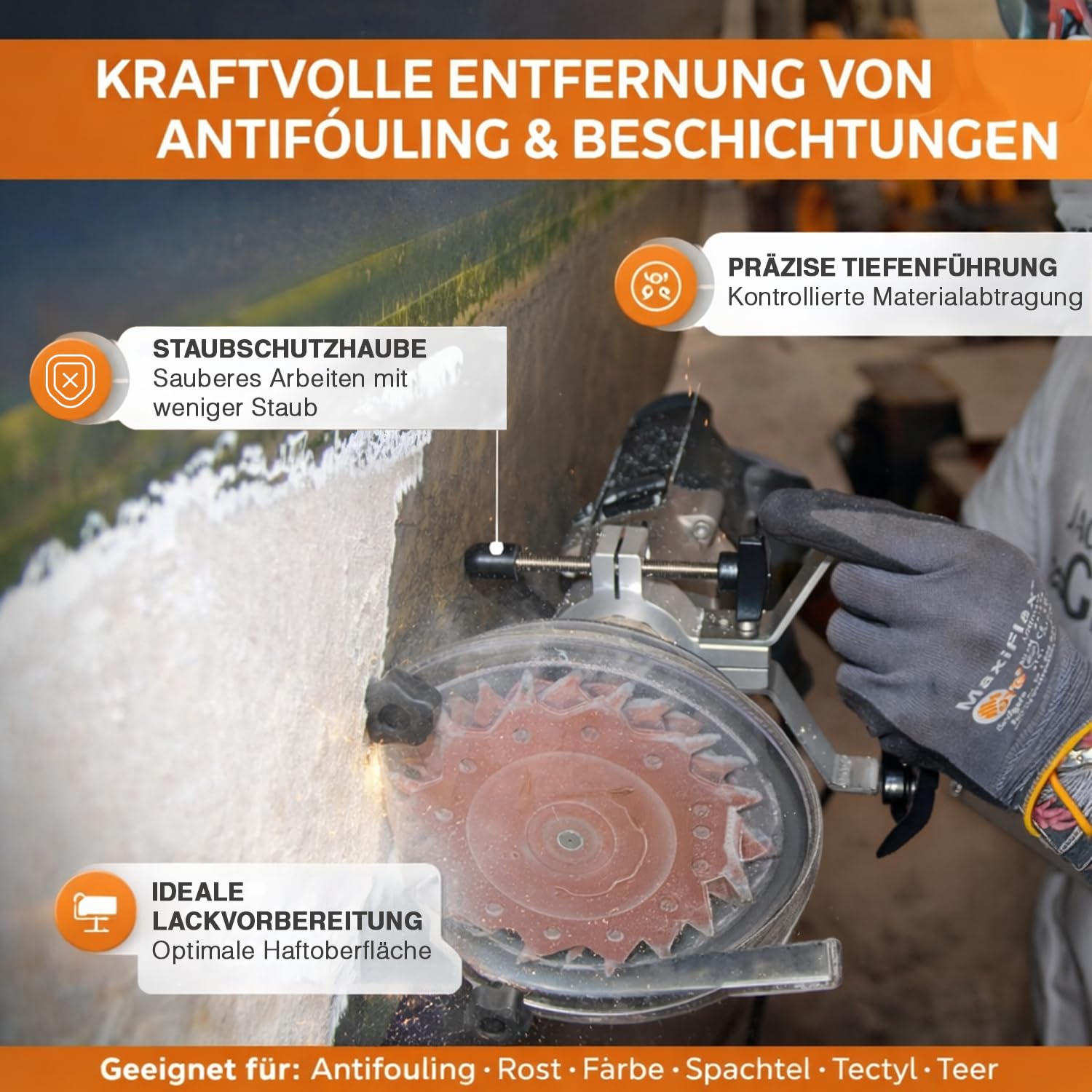 Schleifscheiben - Dreifach rotierende Strahlscheibe für umfangreiche Reparaturarbeiten, Zum Entfernen von Farbe, Spachtelmasse, Rost, Tectyl, Teer, Schweißnähten, Schweißnähten