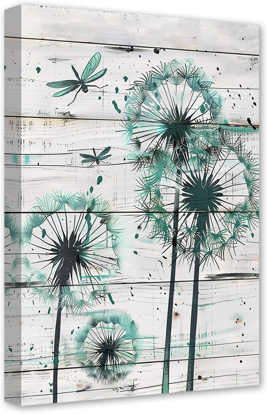 SWQYLB Dandelion Wall Art Teal Dandelions with Dragonfly Rustic Canvas Prints Farmhouse Floral Picture Abstract Artwork Kitchen Bathroom Decor Framed (Green, 20.00" x 30.00")
