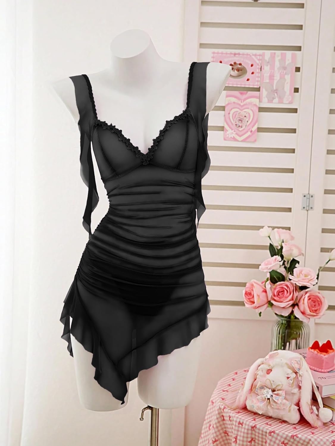 Lingerie for Women Wireless Ruched Ruffle Sheer Babydoll Dress Sexy Nightgowns with Thong Stripper Outfits - Image 6