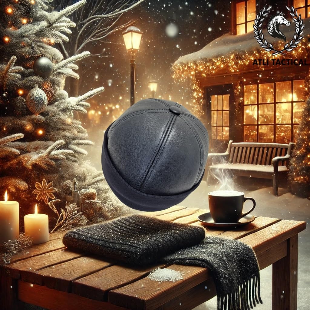 Leather Skull Caps for Men - Beret Hat - Sheepskin Docker Hat - Skull Cap Beanie Hats for Casual Streetwear Fisherman Running