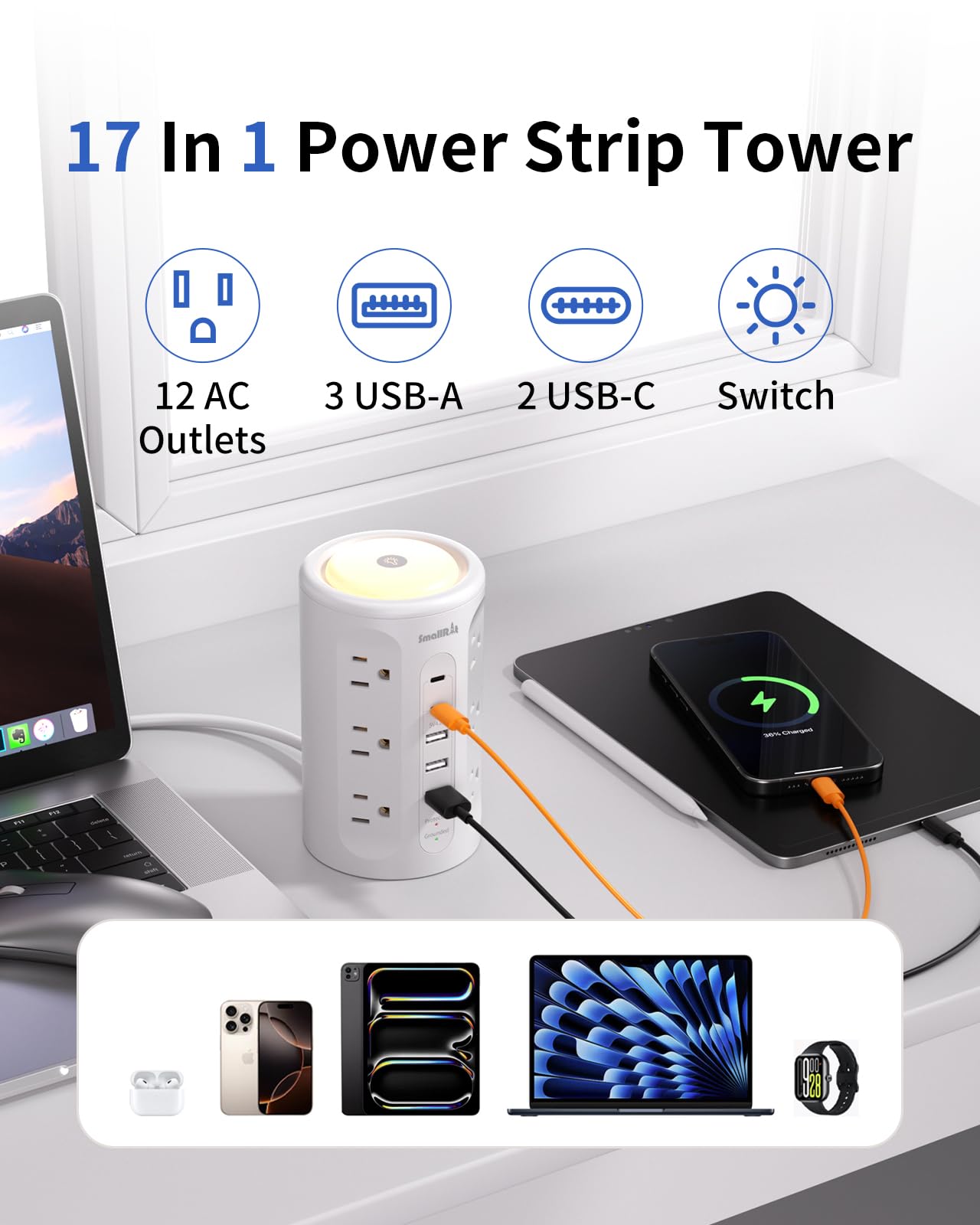 Surge Protector Power Strip Tower with 5 USB Ports and Night Light,10FT Extension Cord with 12 AC Multiple Outlets (White)