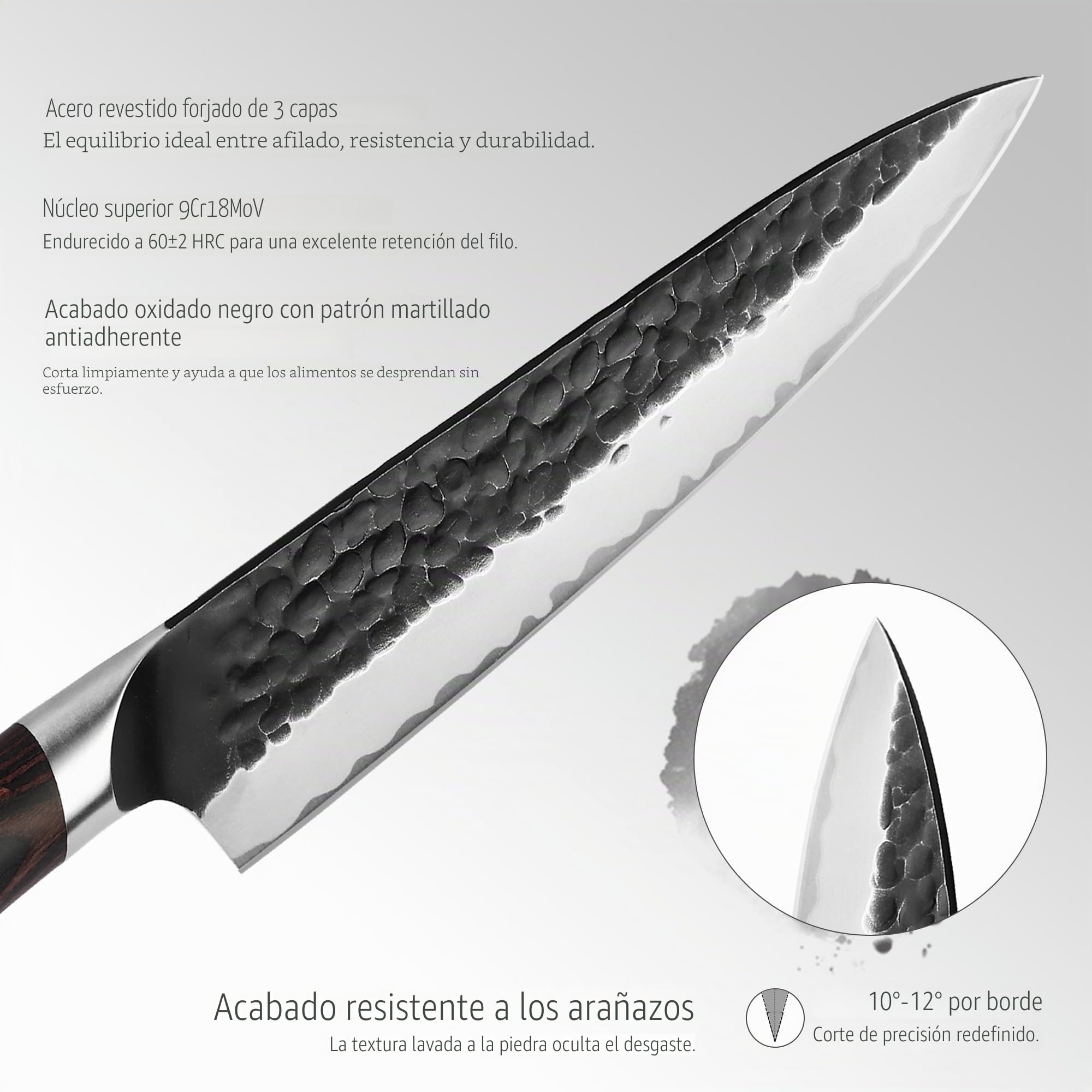 hecef set de cuchillos de cocina 2 piezas, cuchillo de chef y cuchillo utilitario, hoja martillada de acero inoxidable de alto contenido en carbono de 3 capas, mango ergonómico de madera de Pakka