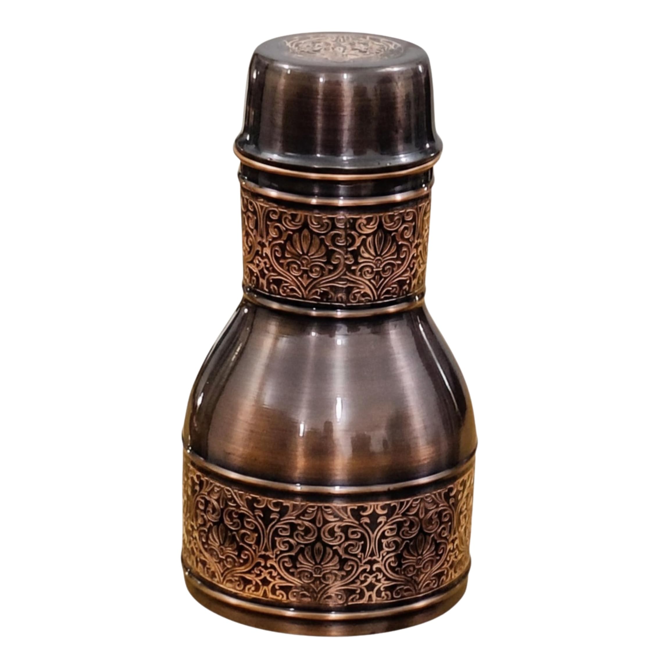 COPPAYA Antique Embossed Pure Copper Bedside Carafe with Tumbler – 1L (34oz) Water Pitcher Bedroom Bottle for Home, Yoga & Ayurveda – Decorative Vintage Jug