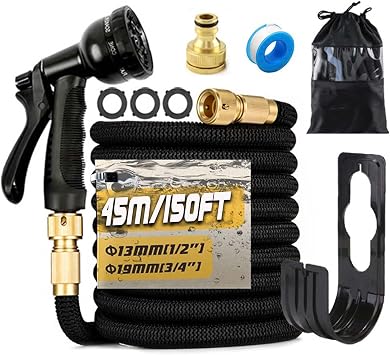 150FT/45M Expandable Garden Hose Flexible Magic Garden Hose Pipe with 3/4" 1/2" Fittings, 8 Function Spray Nozzle, 3-Layer Latex Tube Black