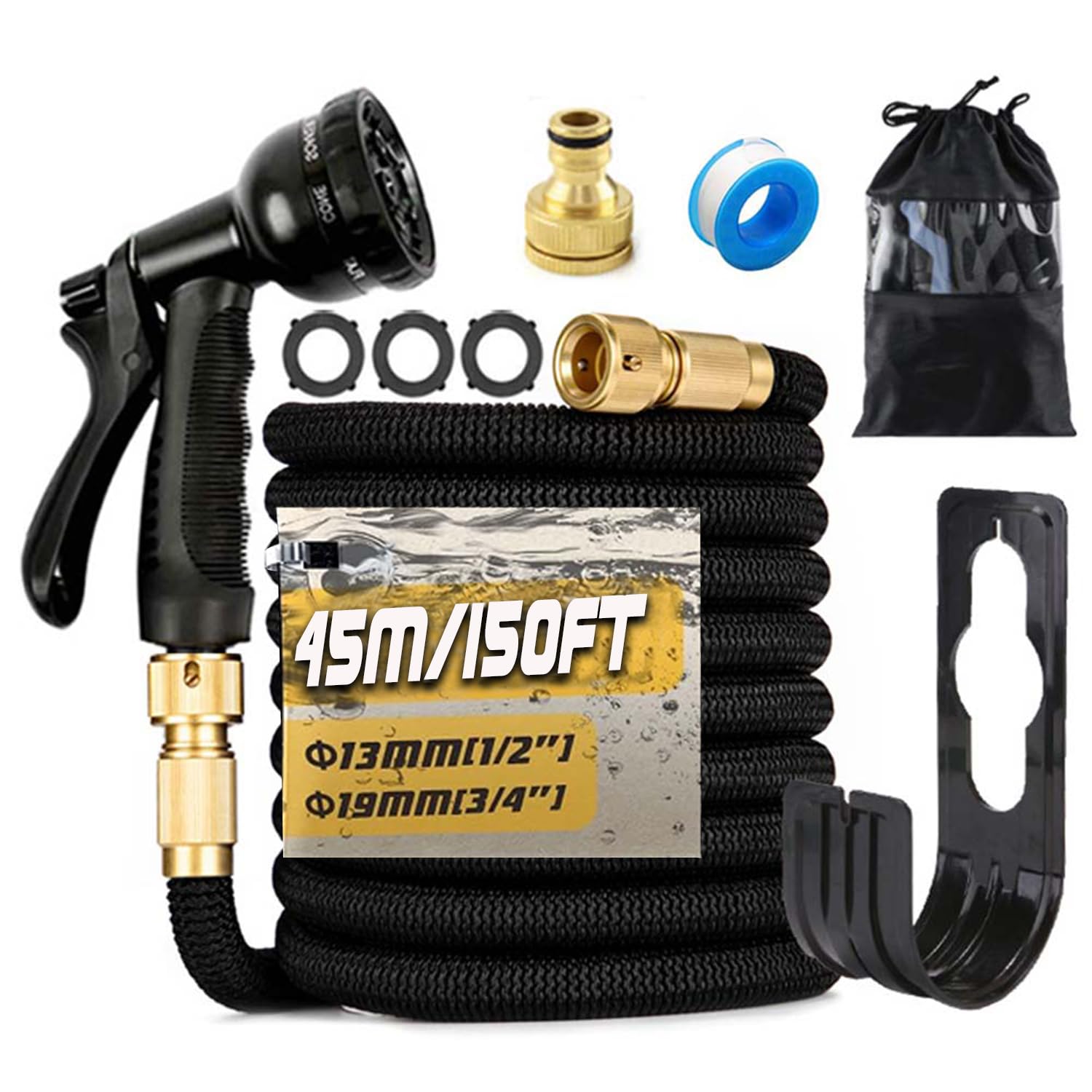 150FT/45M Expandable Garden Hose Flexible Magic Garden Hose Pipe with 3/4" 1/2" Fittings, 8 Function Spray Nozzle, 3-Layer Latex Tube (Black)