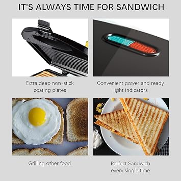 Sandwich Maker, Compact Electric Grill, Non-Stick Coated Plates, Opens 180 Degreeswith Non-Stick Deep Grid Surface & Stainless Steel Surface, for Egg, Steaks and Any Type or Size of Food