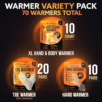Hand Warmers Variety Set - 70 Count Ultimate Value Pack 10 XL Body Warmers, 10 Pairs Hand Warmers, 20 Pairs Toe Warmers with Adhesive Air Activated Heat Packs for Cold Weather and Outdoors