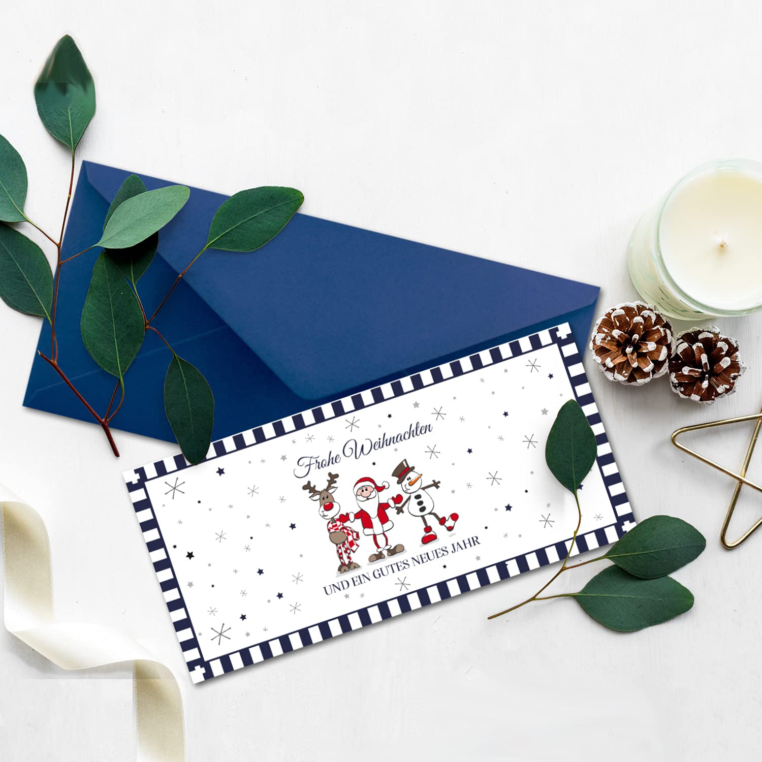 Juego de 200 tarjetas de Navidad DIN largo en color blanco con figuras de Navidad y texto – Tarjetas plegables con sobres DIN largo azul oscuro con adhesivo húmedo – saludos de Navidad para empresas
