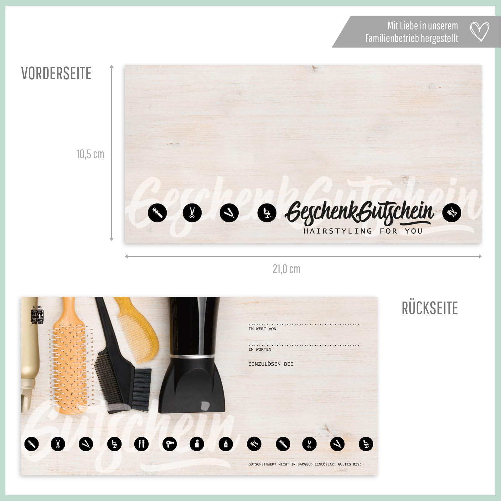 GESCHENKGUTSCHEINcom - 50 Geschenkgutscheine mit Umschlag/Schleife für Friseur Coiffeur. Friseurgutscheine - Gutschein-Vordruck blanko K9206-2-50