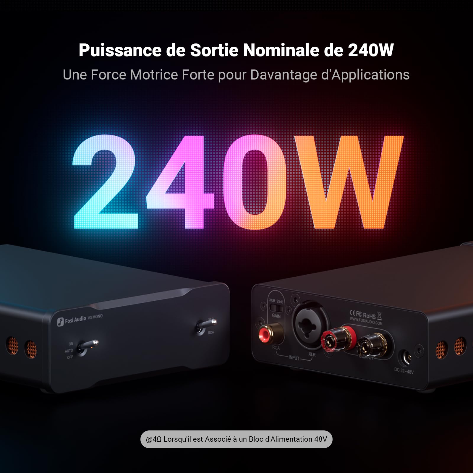 Fosi Audio Due V3 Mono Amplificateurs Audio HiFi, Mini Amplificateur Monobloc 240W TPA3255 Classe D pour Récepteur de Composants AVR Home Cinéma, Entrées RCA/XLR équilibrées, avec 48V/10A