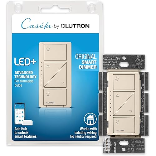 Lutron Caseta Original Smart Dimmer Switch (Lutron Smart Hub Required), for LED Lights, 150 Watt, Single-Pole/3-Way, No Neutral Required, PD-6WCL-LA, Light Almond