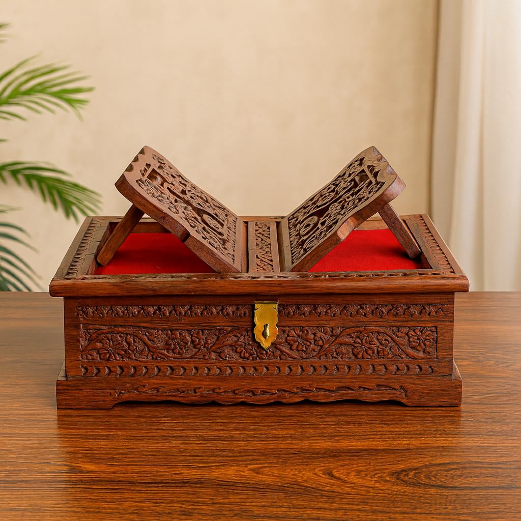 WOODLY Wooden Holy Book Stand with Storage Box, Hand Carved Rehal for Quran Geeta Guru Granth Sahib, Brown Book Holder with Brass Latch