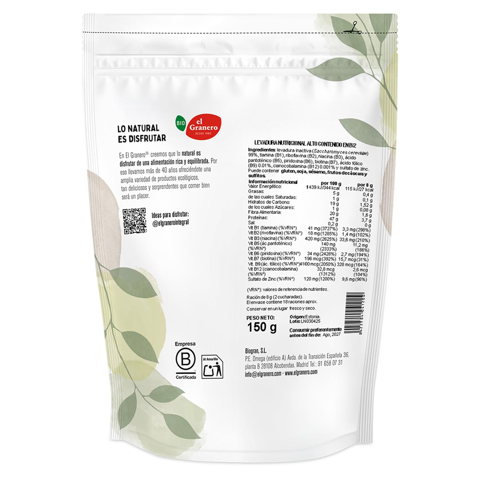 El Granero Integral Levadura Nutricional 150 g Alto en Vitamina B12 Fuente de Proteínas Vegano