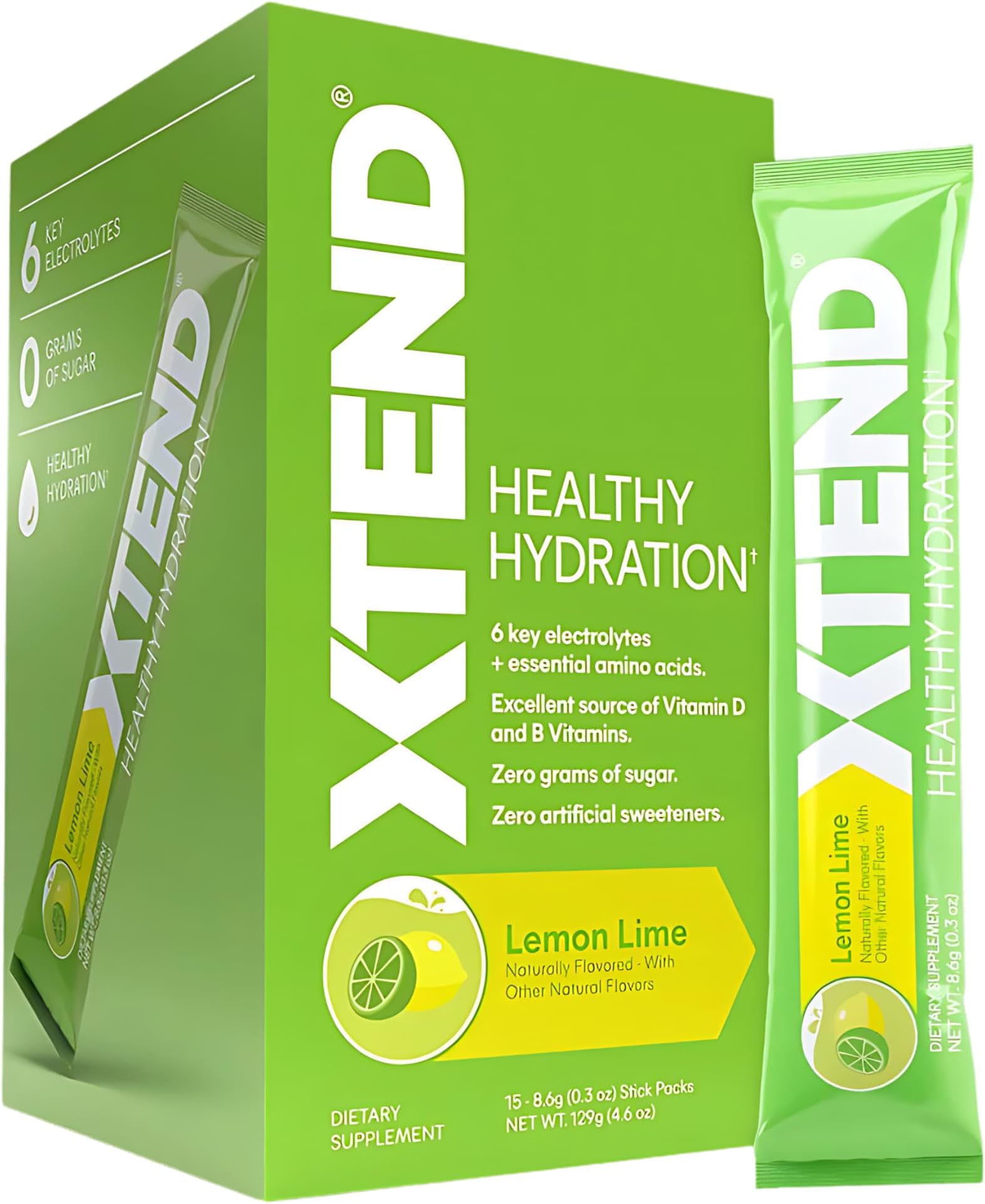 XtendHealthy Hydration Zero Sugar Superior Hydration with 6 Key Electrolytes and Essential Amino Acids NSF Certified for Sport Lemon Lime Flavor, 8.6 Grams, 15 Sticks