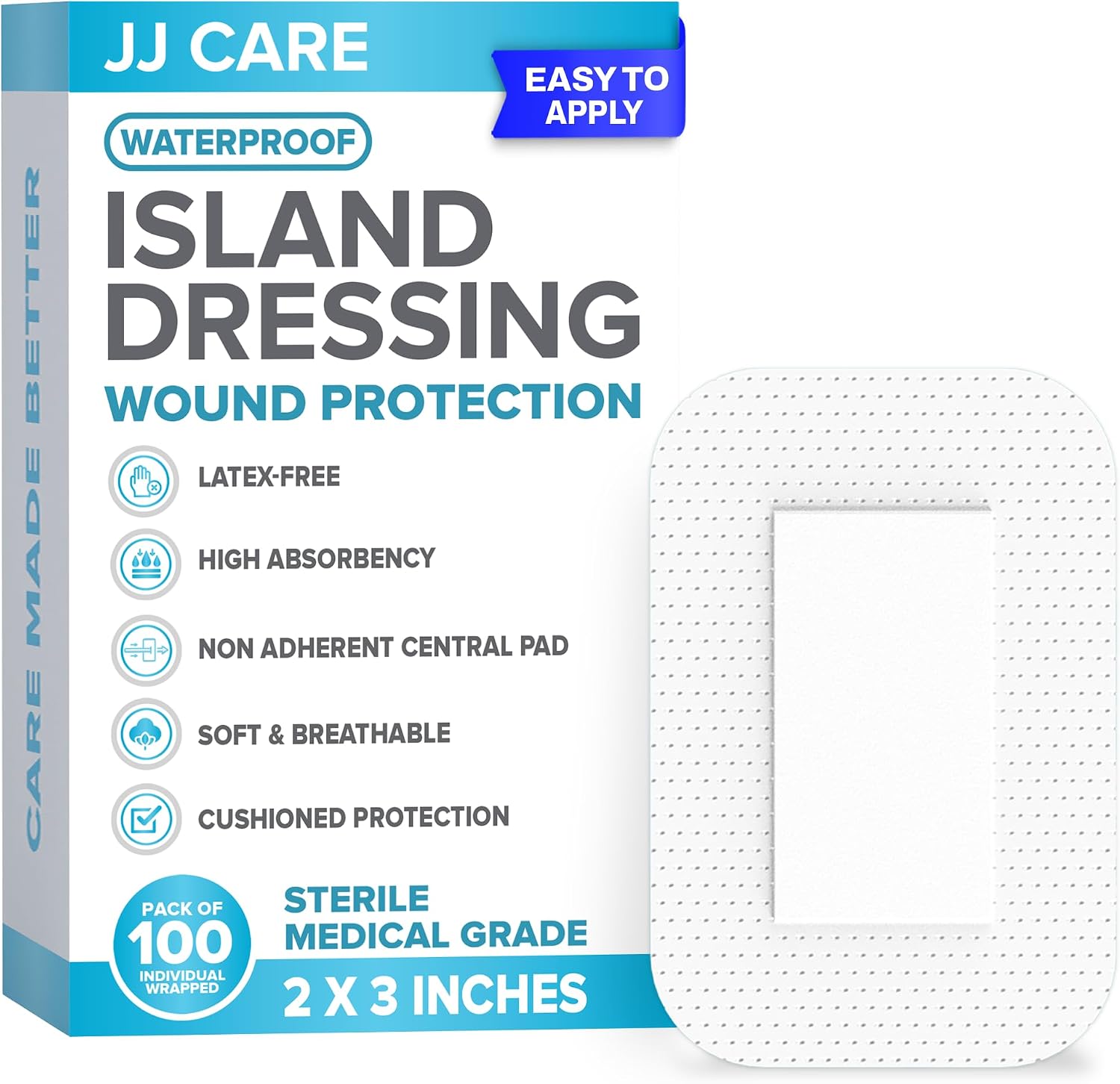 JJ CARE Waterproof Adhesive Island Dressing [Pack of 100], 2" x 3" Sterile Bordered Gauze, Breathable Island Wound Dressing, Individually Wrapped Adhesive Gauze Bandages with Non-Stick Central Pad