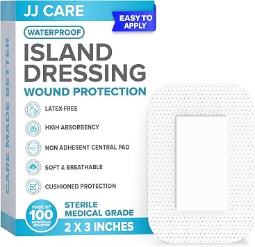 JJ CARE Waterproof Adhesive Island Dressing [Pack of 100], 2" x 3" Sterile Bordered Gauze, Breathable Island Wound Dressing, Individually Wrapped Adhesive Gauze Bandages with Non-Stick Central Pad
