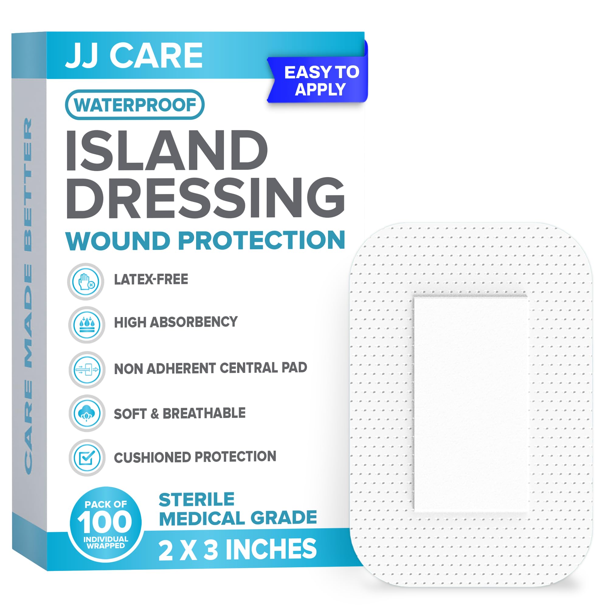 Waterproof Adhesive Island Dressing [Pack of 100], 2" x 3" Sterile Bordered Gauze, Breathable Island Wound Dressing, Individually Wrapped Adhesive Gauze Bandages with Non-Stick Central Pad