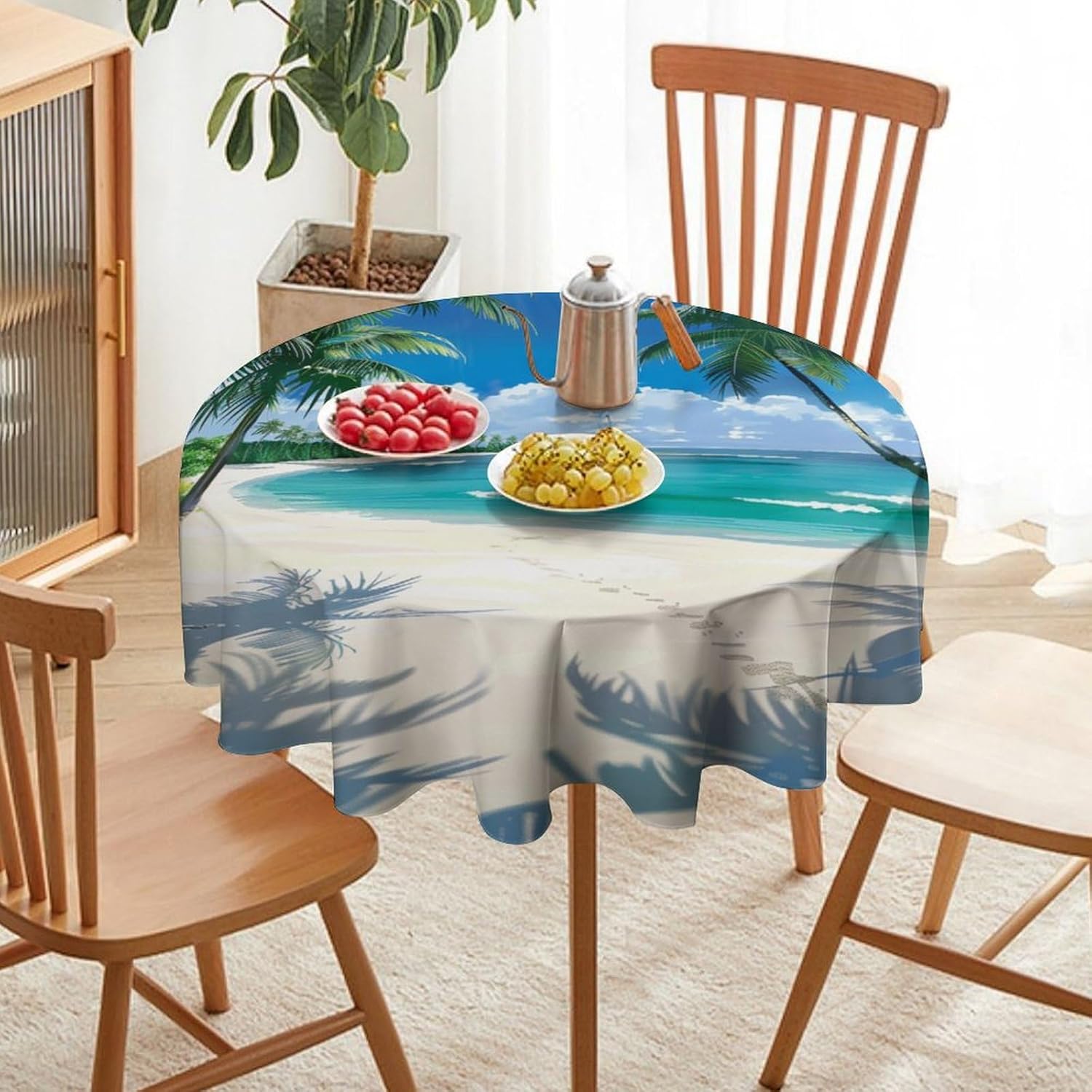 Coastal Beach Island Round Tablecloth Holiday Seaside Palm Tree Table Cloth for Home Kitchen Holiday Decor Party Indoor Outdoor, 50Inch