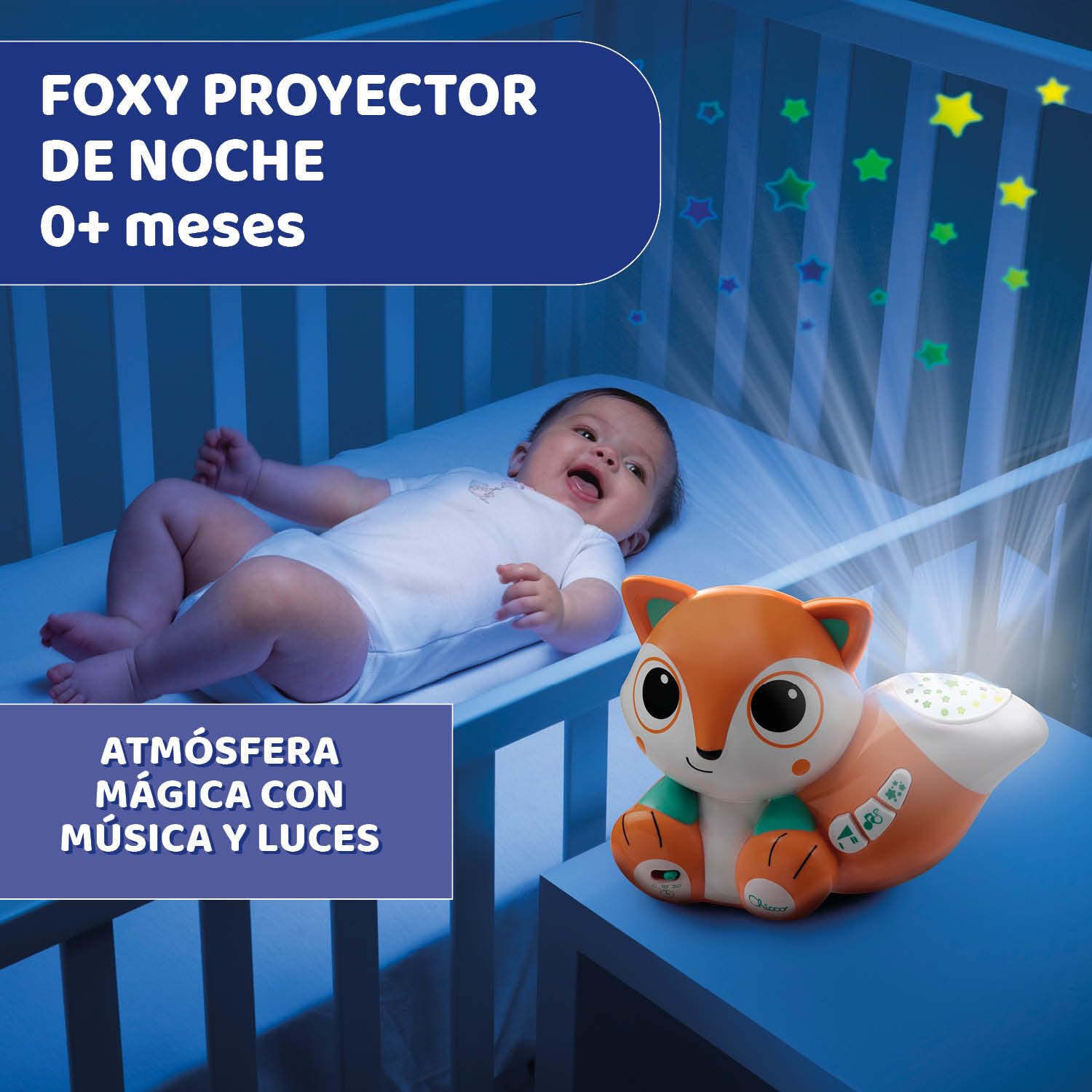 Chicco Kolorowy Projektor Foxy, Lampka Nocna dla Dzieci, Wielokolorowy Projektor Gwiazdek, z Relaksującą Muzyką i Dźwiękami Natury, Regulowana Głośność, Zabawki dla Dzieci w wieku 0 m+