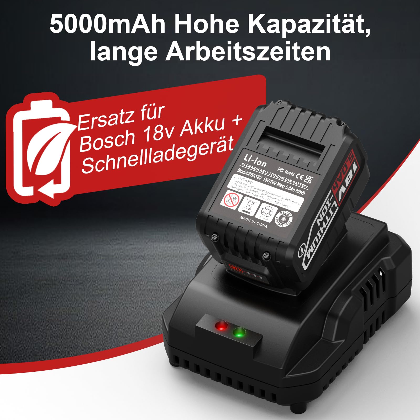 Repuesto para batería Bosch y cargadores rápidos de 18 V (2 baterías de iones de litio de 5,0 Ah, 1 cargador rápido). Compatible con Bosch Home y Garden Tools