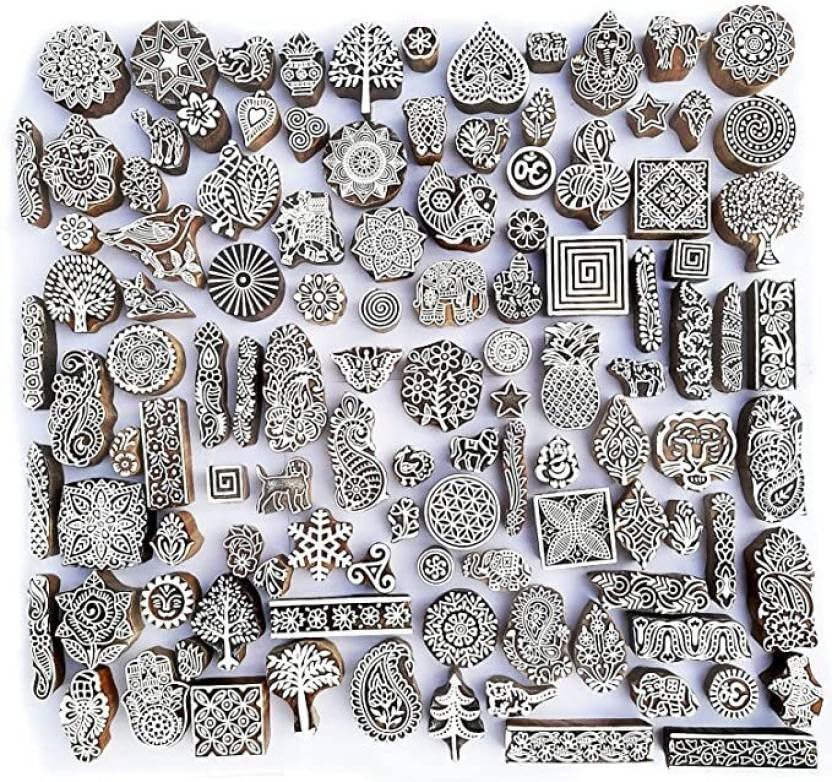 Image of Handmade Wooden Printing Blocks for Fabric, Paper & Clay Stamping - 10 pcs Hand Carved Indian Block Stamp Set for Crafts, Scrapbooking, Textile & DIY Projects