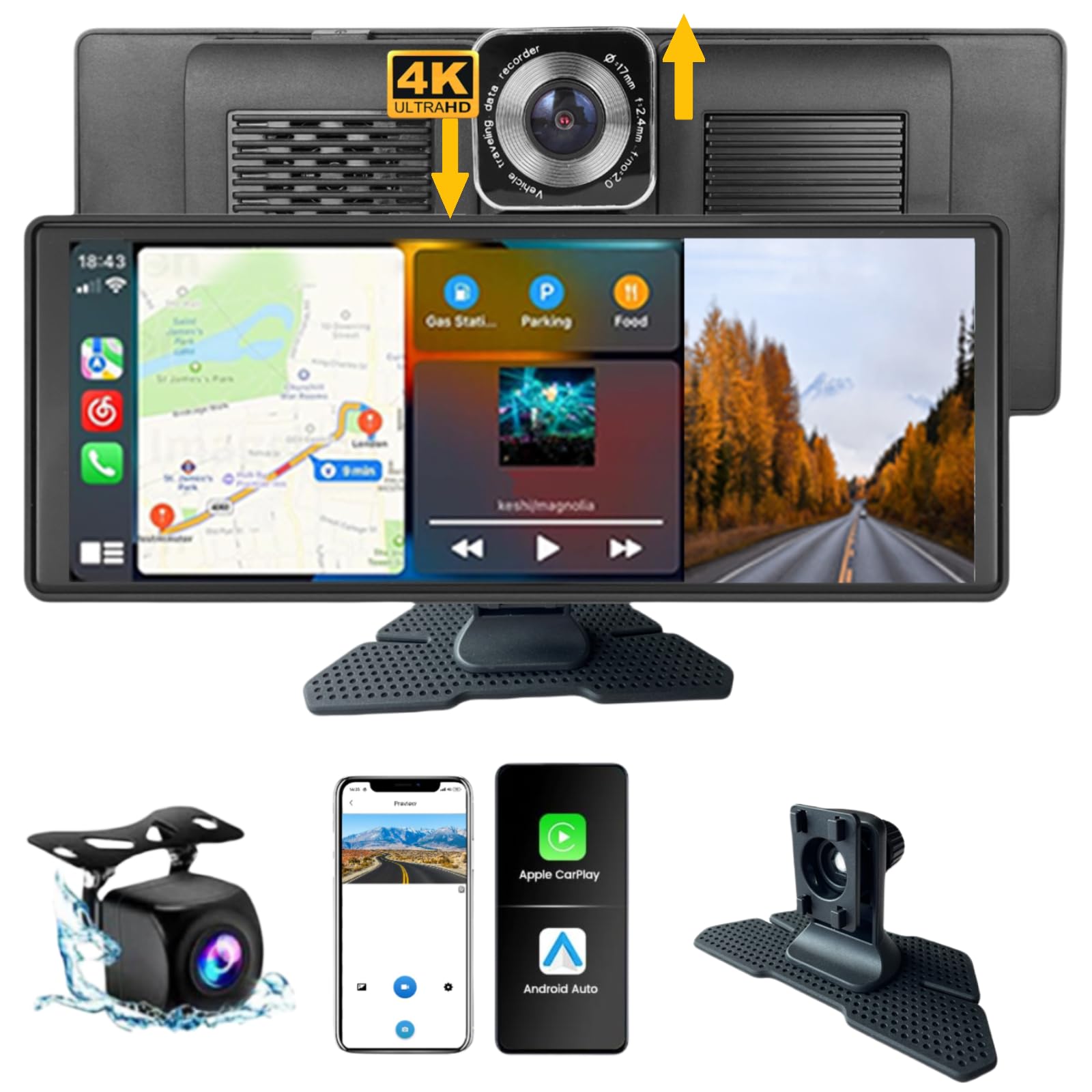 Portable Wireless Apple Carplay with 4K Adjustable Dash Cam and Backup Camera, 10.26" Touch Screen for Car with Android Auto Vioce Control GPS Navigation AUX （None TF Card