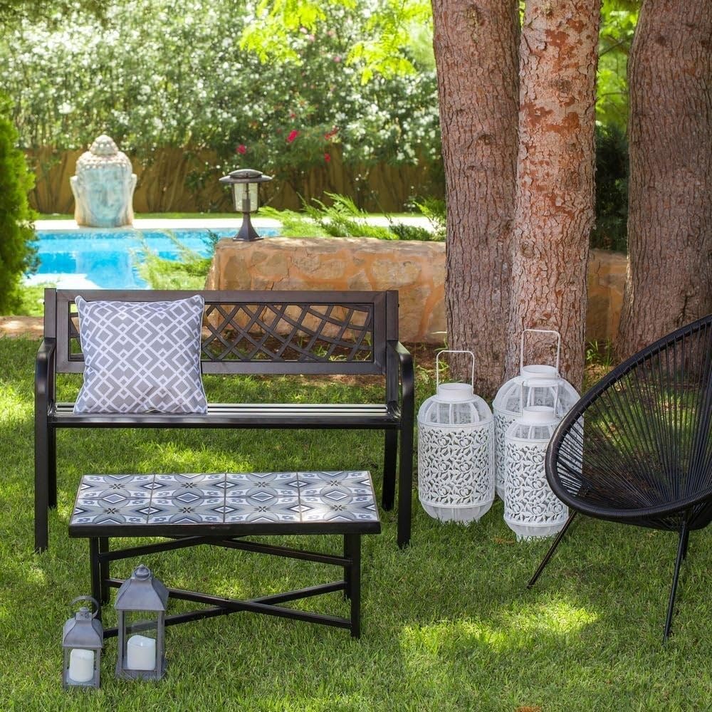 LOLAhome Banco de Jardín Acero Madera Nogal 2 Plazas 120x62x82 cm Respaldo Apoyabrazos Anticorrosión Exterior Negro