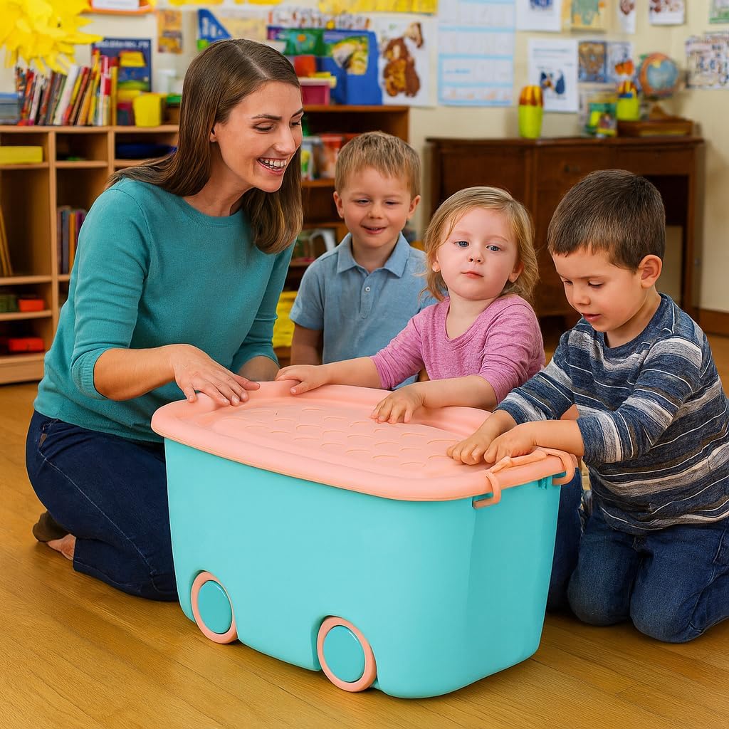 Large Plastic Toy Storage Box with Wheels & Lid | Multipurpose Kids Toy Organizer Bin | Heavy Duty Storage Container for Toys, Clothes, Books & Household Items | Space Saving Organizer-image-48