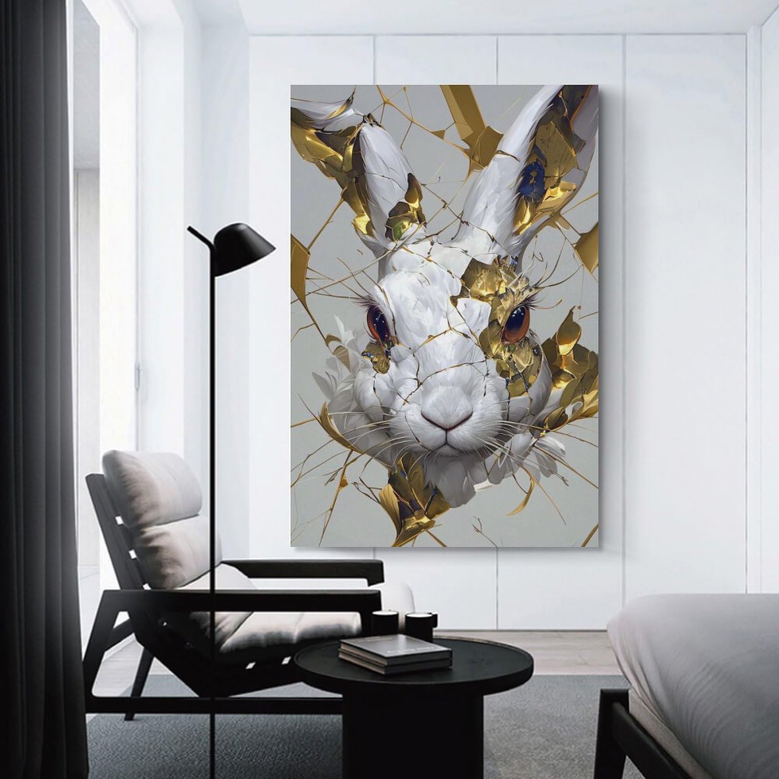 Junmoney Cracked Golden Rabbit Portrait Hanging Wall Art 24x36inch(60x90cm), for Lounge, Bedroom Or Personal Spaces, Home Decor Gift with Stylish Appeal
