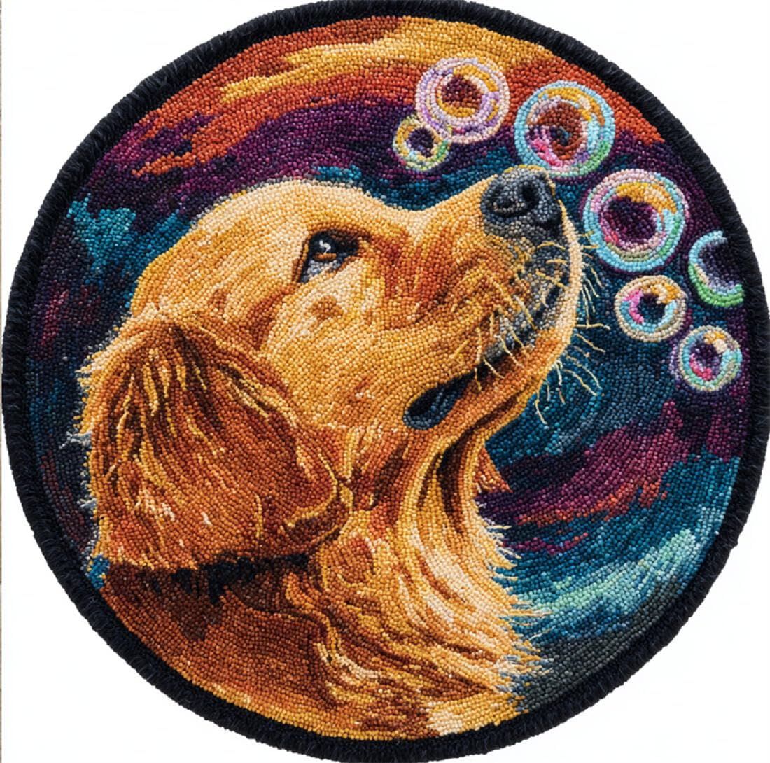Rqwybcaxn DIY Rug Latch Hook Kits for Teens Animal Needlework Kit Dogs and Bubbles 80x80cm Round Tapestry with Crochet Hook Study Craft Gift