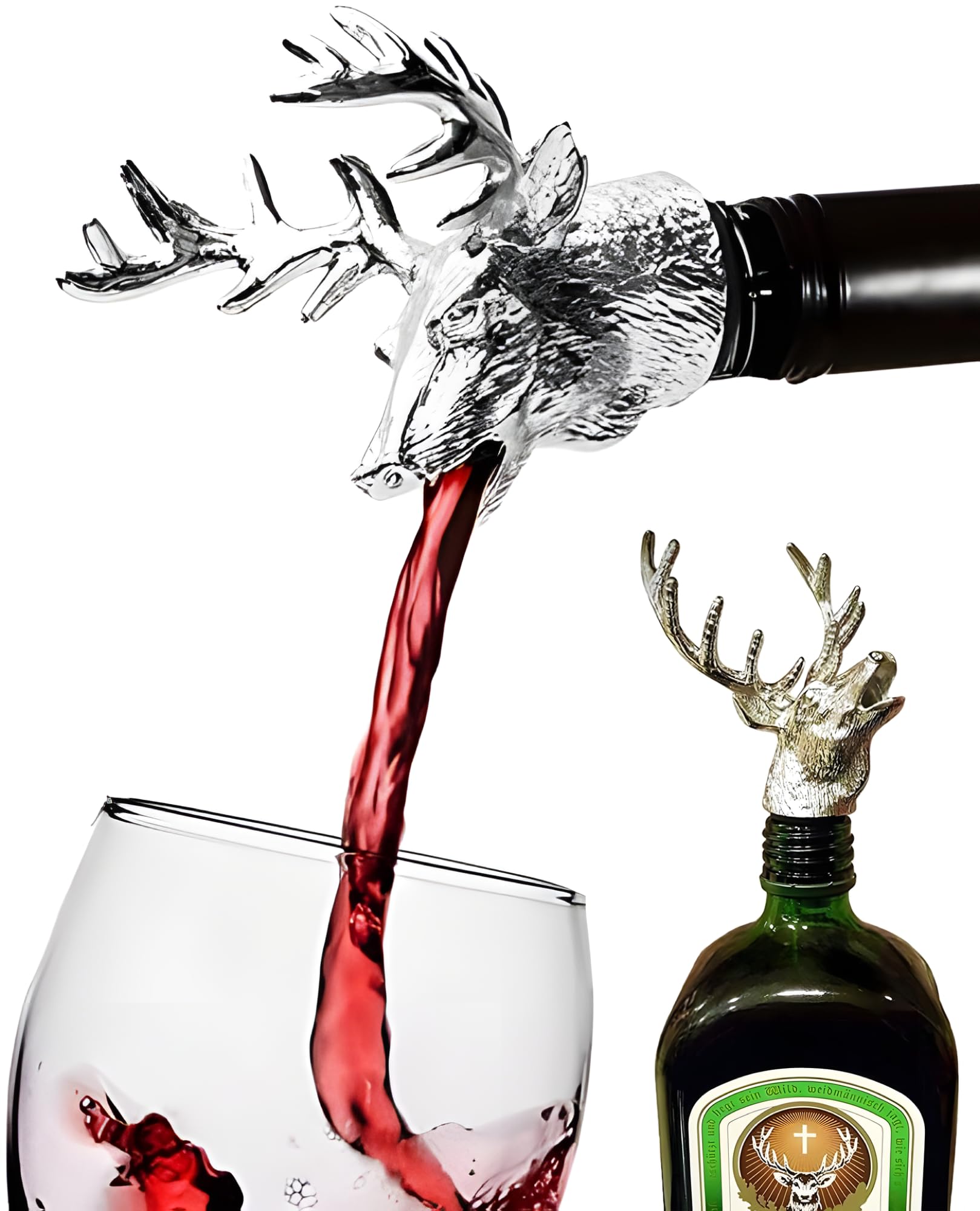 24x7 eMall Stag Head Liquor Bottle Pourer Liquor Pour Spout 1Pc Deer Head Bottle Tipping Nozzle Silicone Stoppers Silver for Bars Homes Party