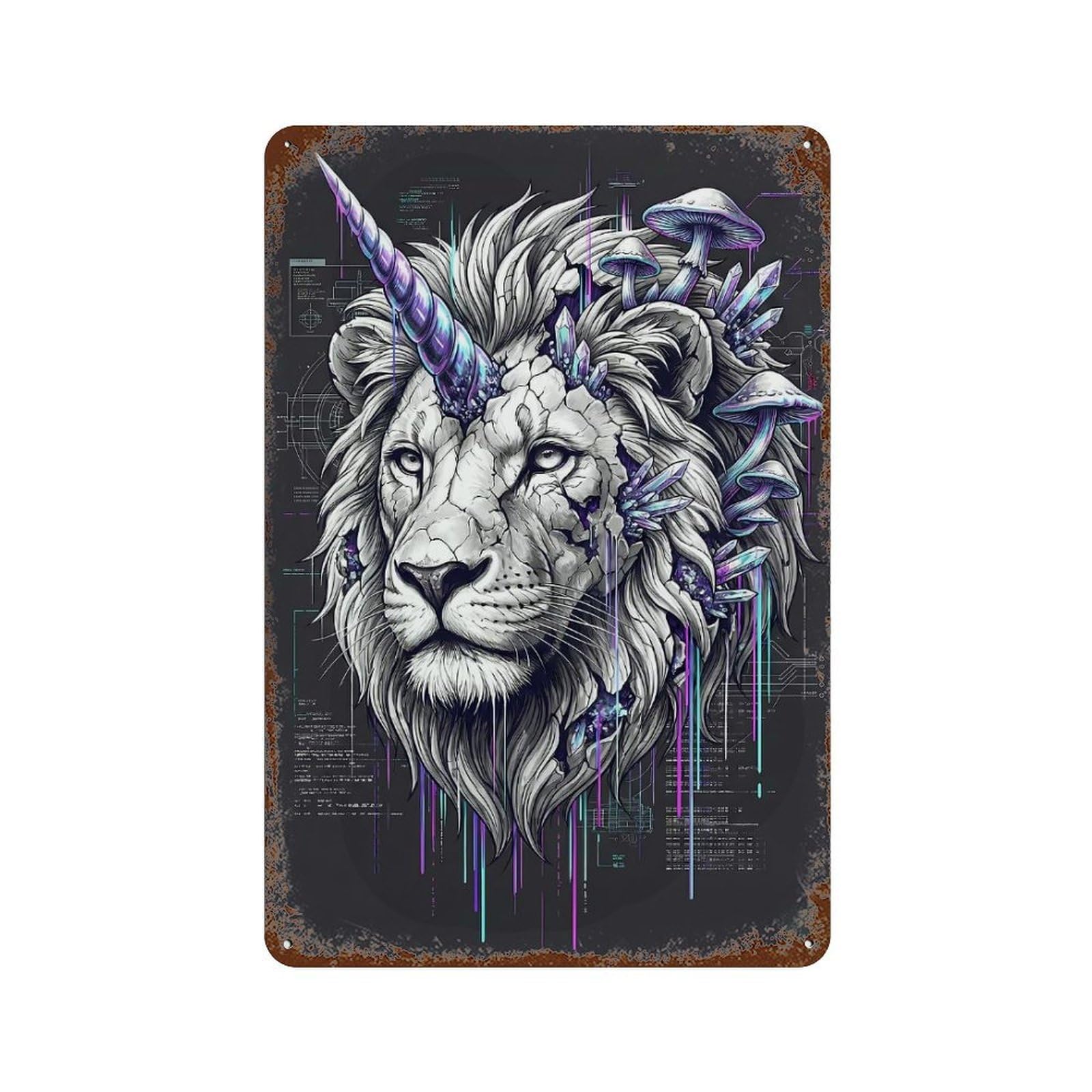 Lion Unicorn with Crystals And Mushrooms Rust Effect Tin Sign 11.8"x7.9", Novelty Wall Decor for Patio, Garden Room And Bar Decor