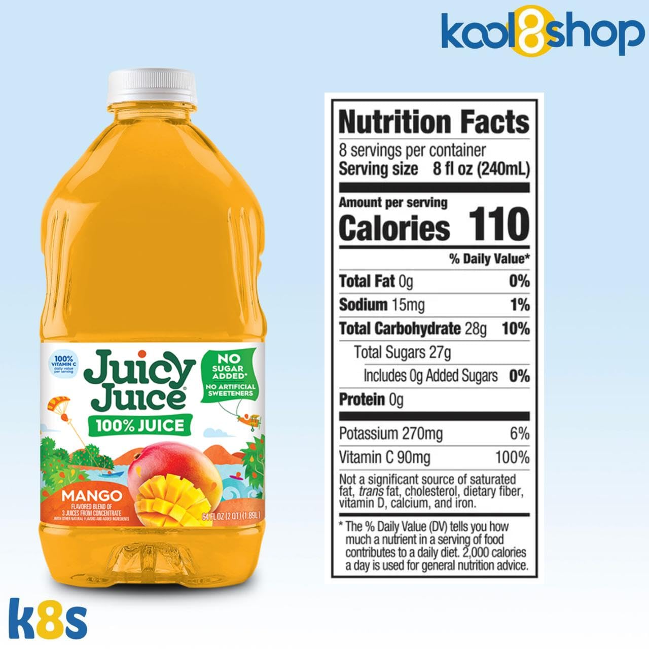 Juicy Juice Mango 100% Juice Vitamin C No Sugar Added 64 fl oz Plastic Bottle 4 Pack + 15 Sugarcane Disposable Straws by KOOL8SHOP Infinite Deals