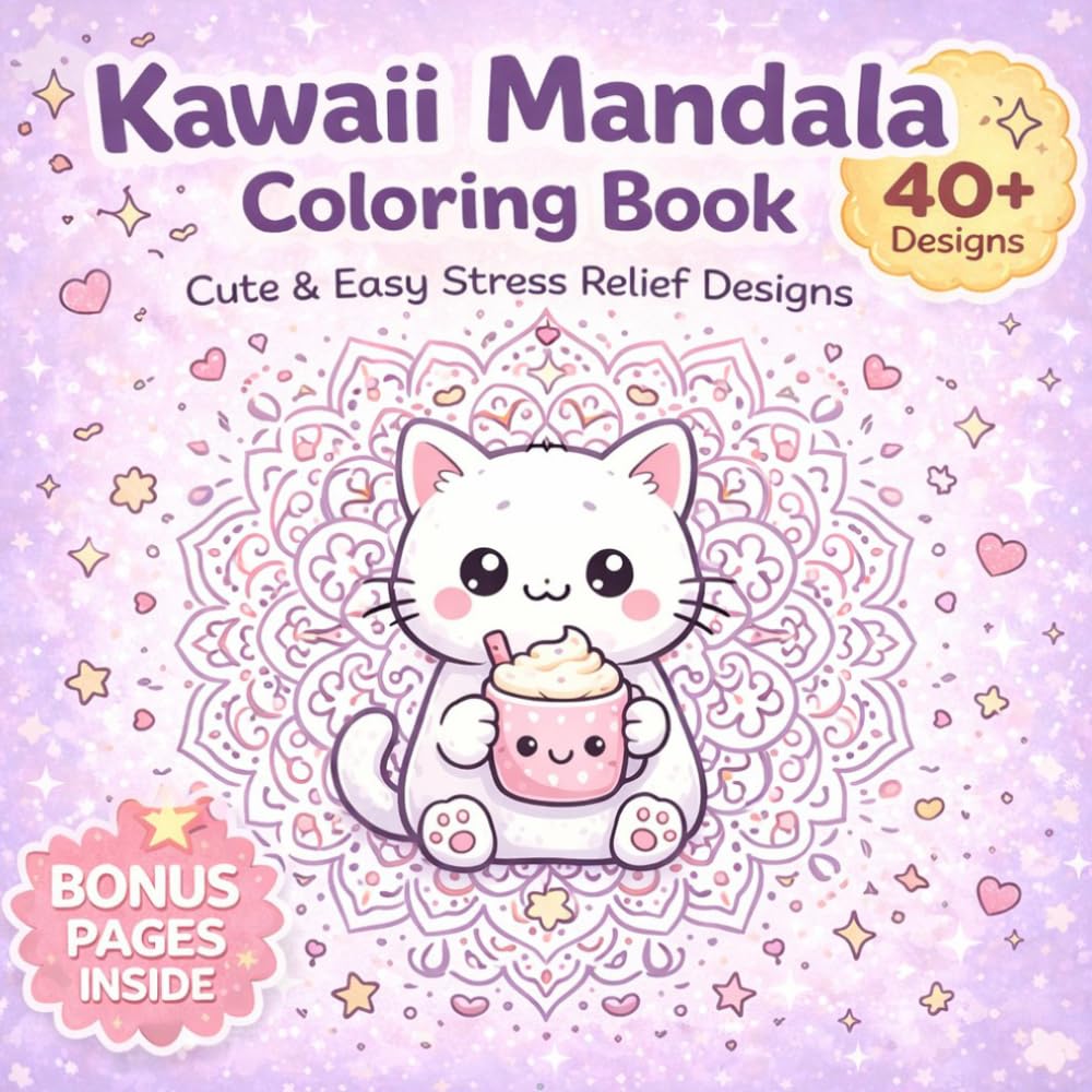 Kawaii Mandala Coloring Book for Adults: Cute & Easy Stress Relief Designs with Adorable Animals, Cozy Patterns and Relaxing Mandala Pages for Calm, Creativity and Mindfulness