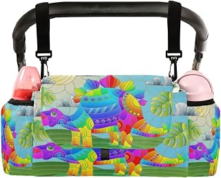 CUPADA Universal Baby Stroller Organizer Bag Rainbow Colorful Dinosaur, Stroller Organizers with Insulated Cup Holders Cartoon Dino Detachable Shoulder Strap Storage Carrying Diaper and Snacks