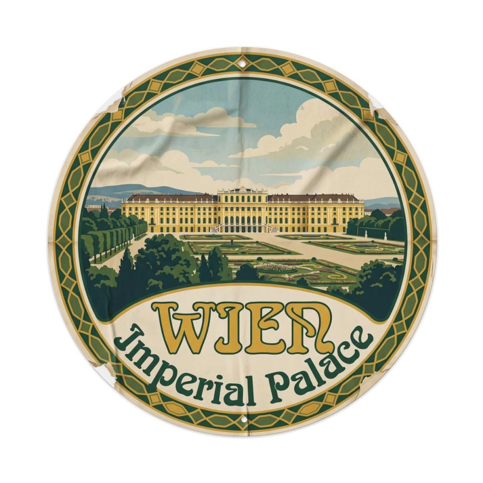 Vintage Travel Palace Vienna Schonbrunn Metal Tin Sign Plaque Wall Decor for Cafe, Club, Garden Round Metal Poster 8x8Inch