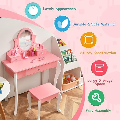 Miniatura 9 de Costzon Juego de tocador para niños con espejo, mesa de maquillaje princesa 2 en 1 con parte superior desmontable, tocador para niñas pequeñas con