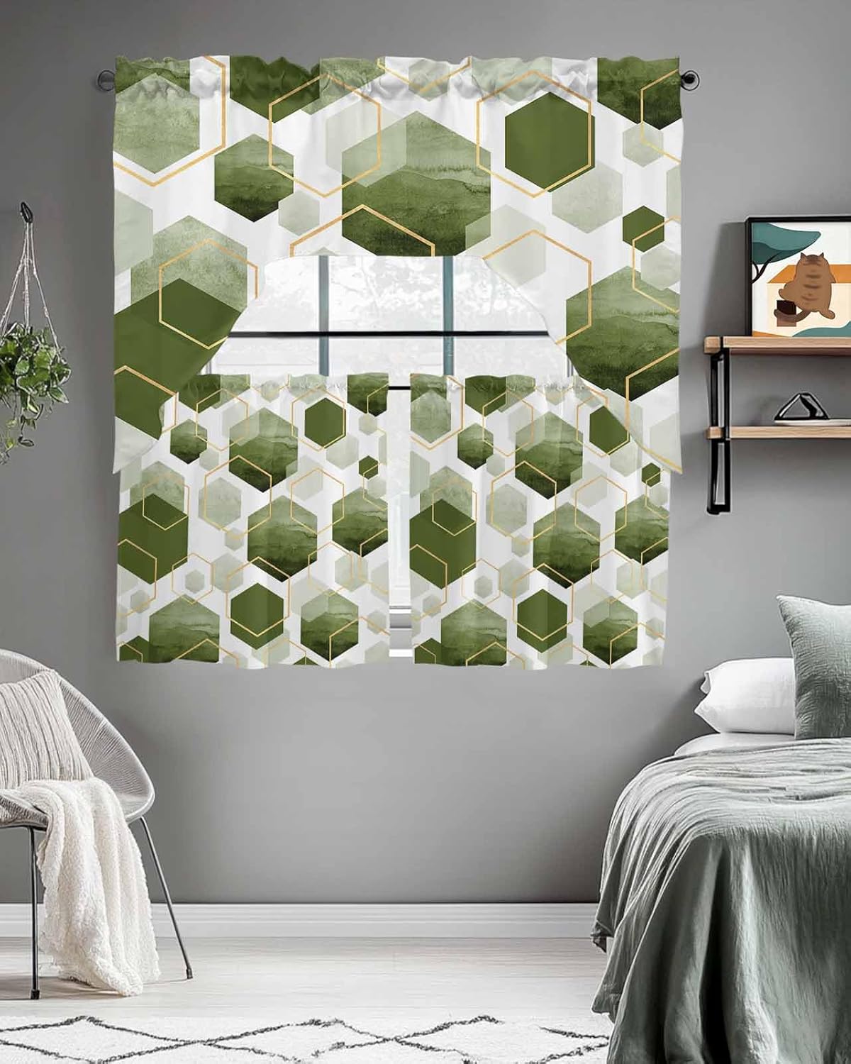 Sage Green Swag Kitchen Curtain Sets with Valance,3 Pieces Rod Pocket Curtain Drapes for Bedroom Living Room Bathroom Cafe Windows,Geometric Abstract Minimalist Gold White 56x36&36''x27.5''x2Panels
