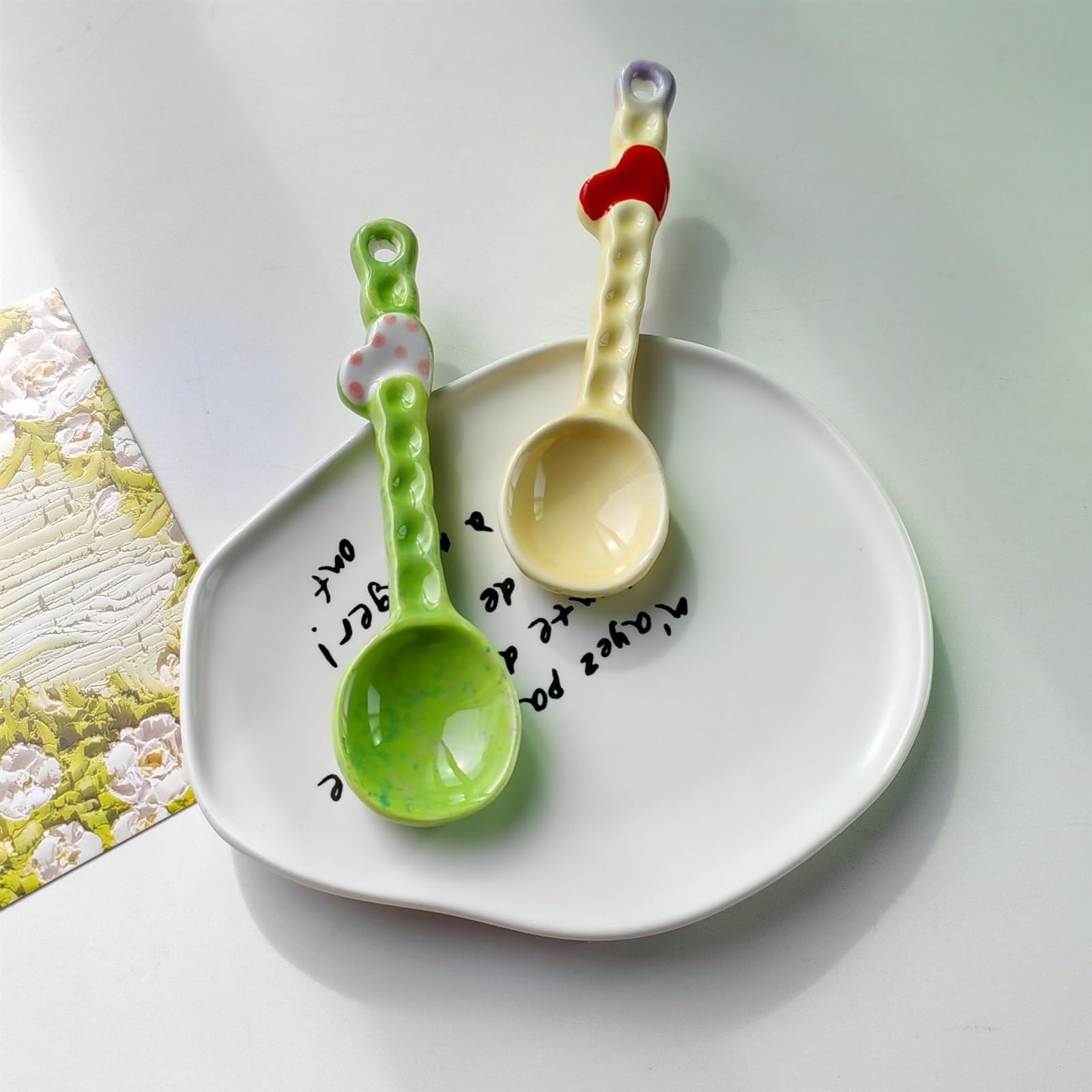 Cuillères à Soupe Mignonnes en céramique, Lot de 2, céramique sûre, idéales for Les Desserts, Le Petit-déjeuner, Les soupes et Les Glaces.(Green)