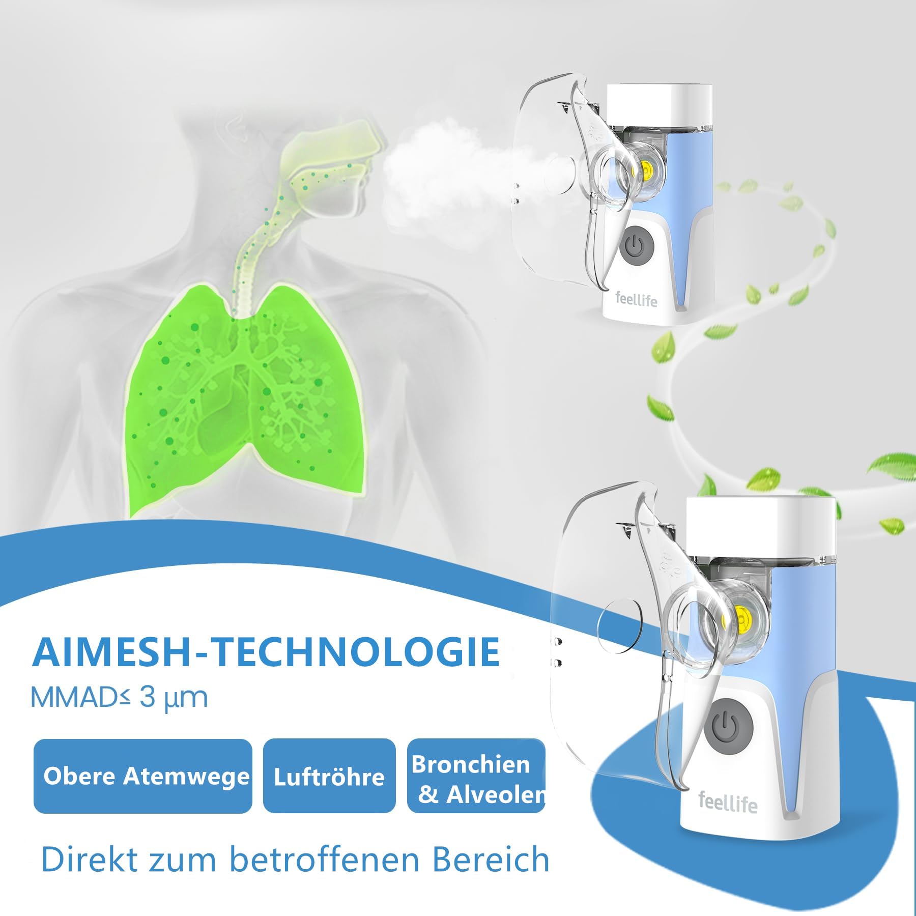 FEELLIFE Nebulizador Portatil para bebe y adultos Maquina De Aerosoles Inhalador, Para El Tratamiento De Tos, Asma, Enfermedades Respiratorias-Azul