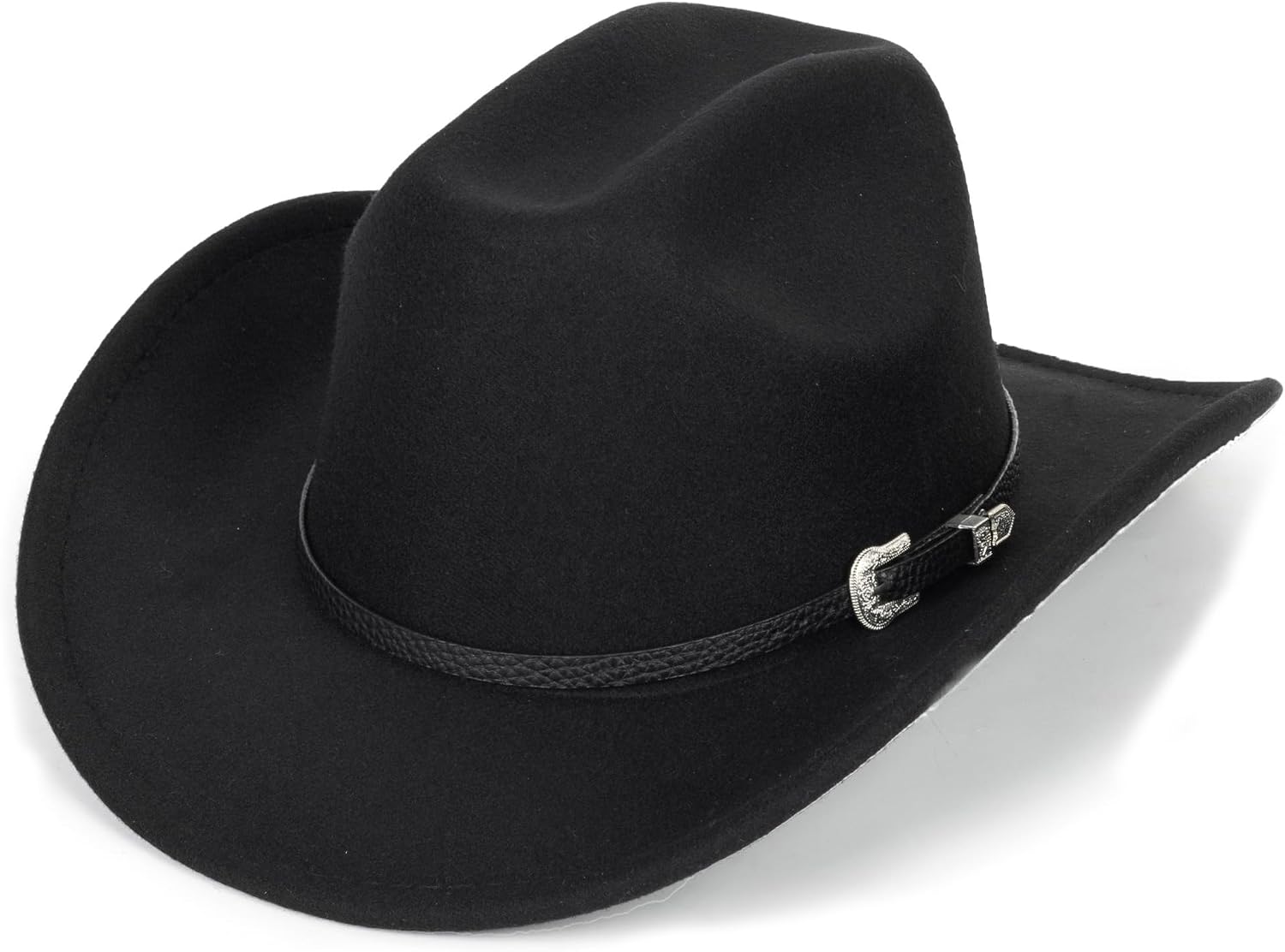 Classic Black Western Felt Roll Up Brim Cowboy and Cowgirl Hat for Women and Men - Decoration with Western Belt Bukle