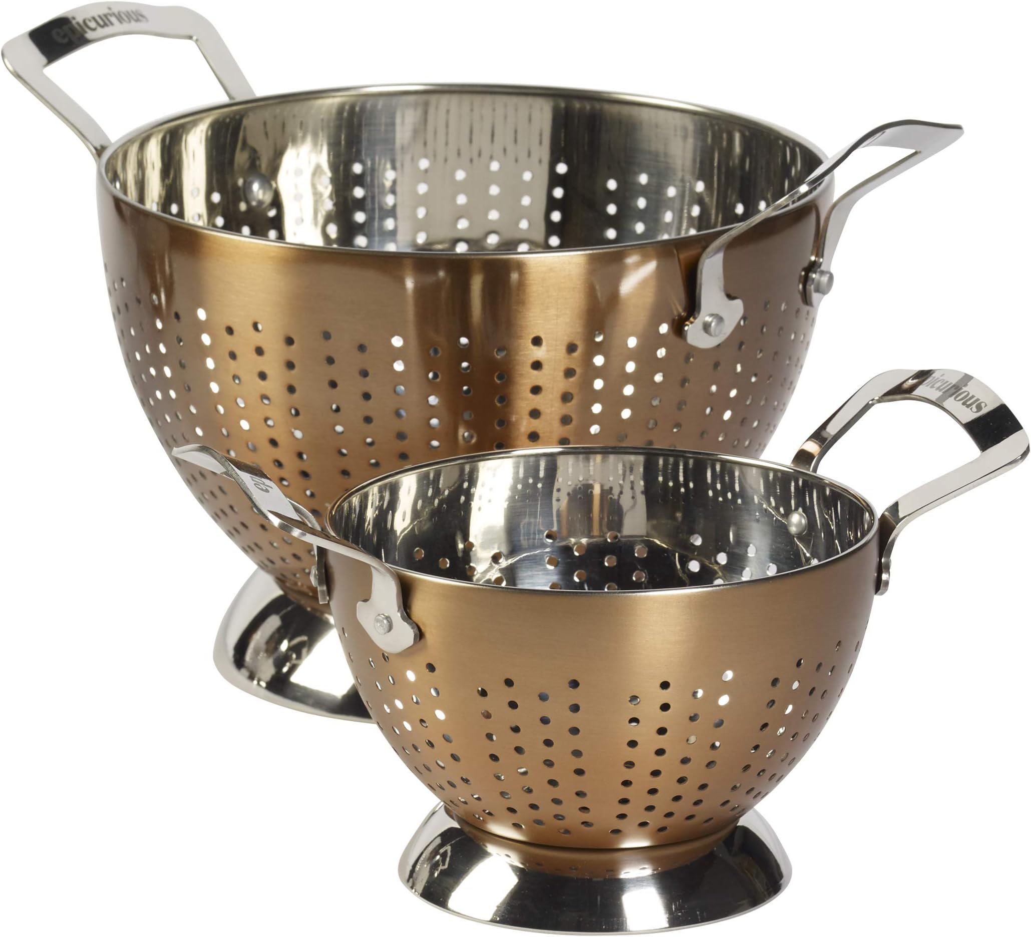 Epicurious 2 Piece Stainless Steel Tall Free Standing Sturdy Colander Strainer Rinsing Bowl Set with Handles and Footed Base, 5 Quart and 1.5 Quart Sizes