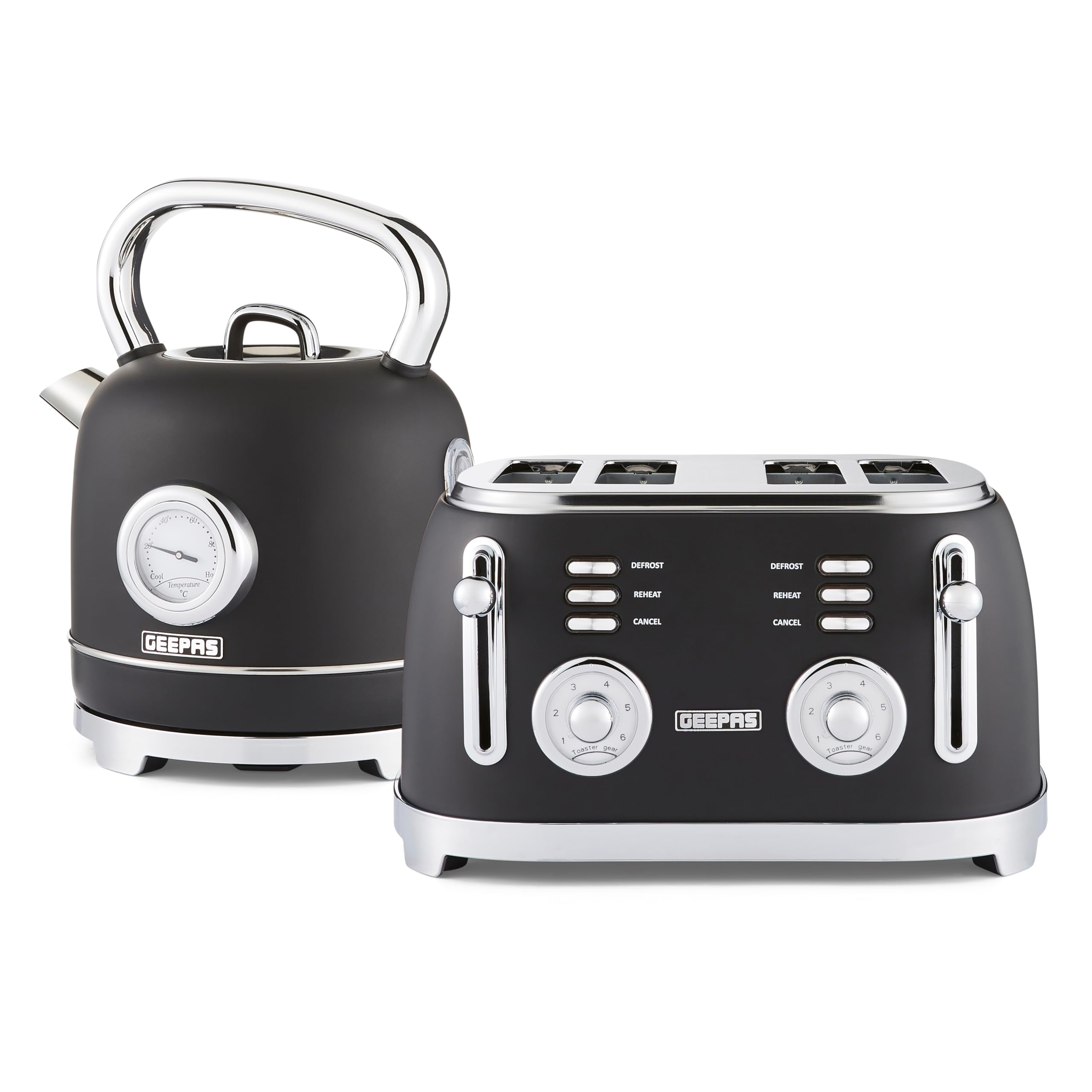GEEPAS Retrovive 1.8L Electric Kettle & 4 Slice Bread Toaster Kitchen Combo Set | 3000W Vintage Cordless Stainless Steel Kettle Auto Shut-Off, Temperature Gauge | Defrost/Reheat/Cancel 1500W | Black