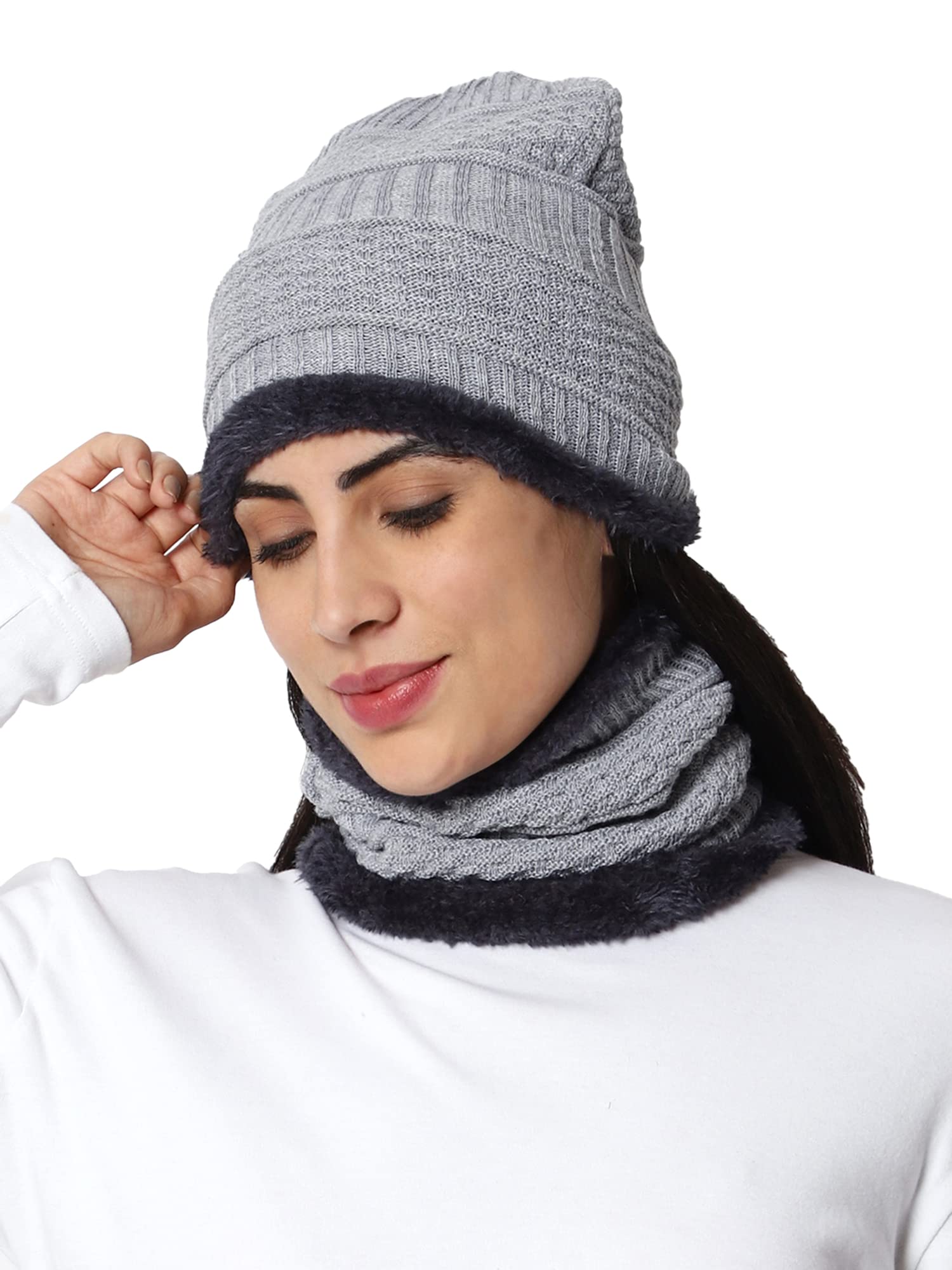Snow Proof Inside Fur Acro Wool Unisex Beanie Cap with Neck Warmer Set Knit Hat Thick Fleece Lined Winter Cap for Men & Women-image-6